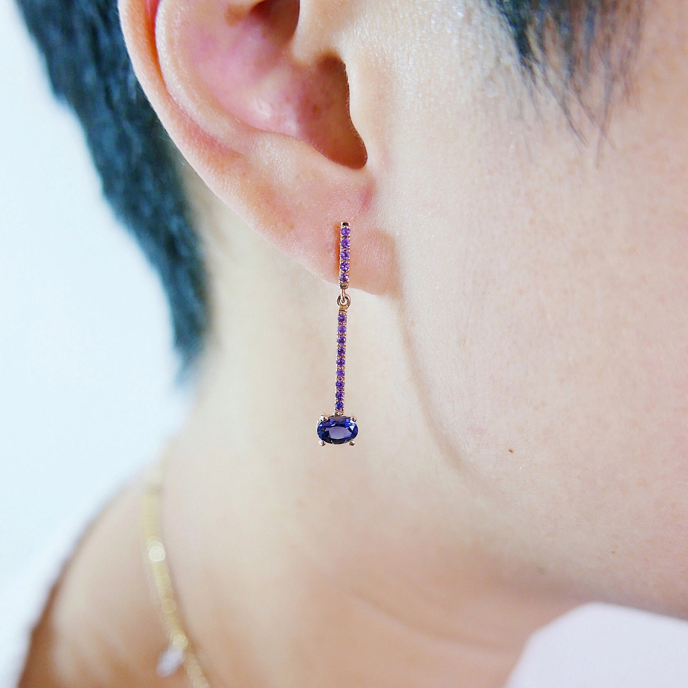 Sticks and Stones Oval Duo Earring, 14k Gold Iolite Bar Earring, 14k Gold Amethyst Dangle Earring