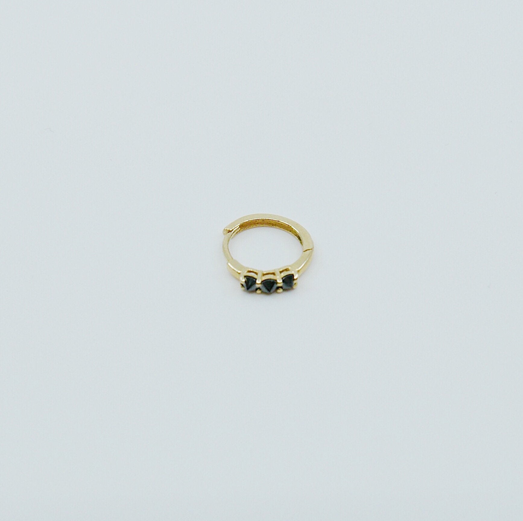 Studded Black Diamond Mini Hoop, small 14k gold hoop, small mini three stone black diamond gold hoop, gold hoops, gold pearl huggie