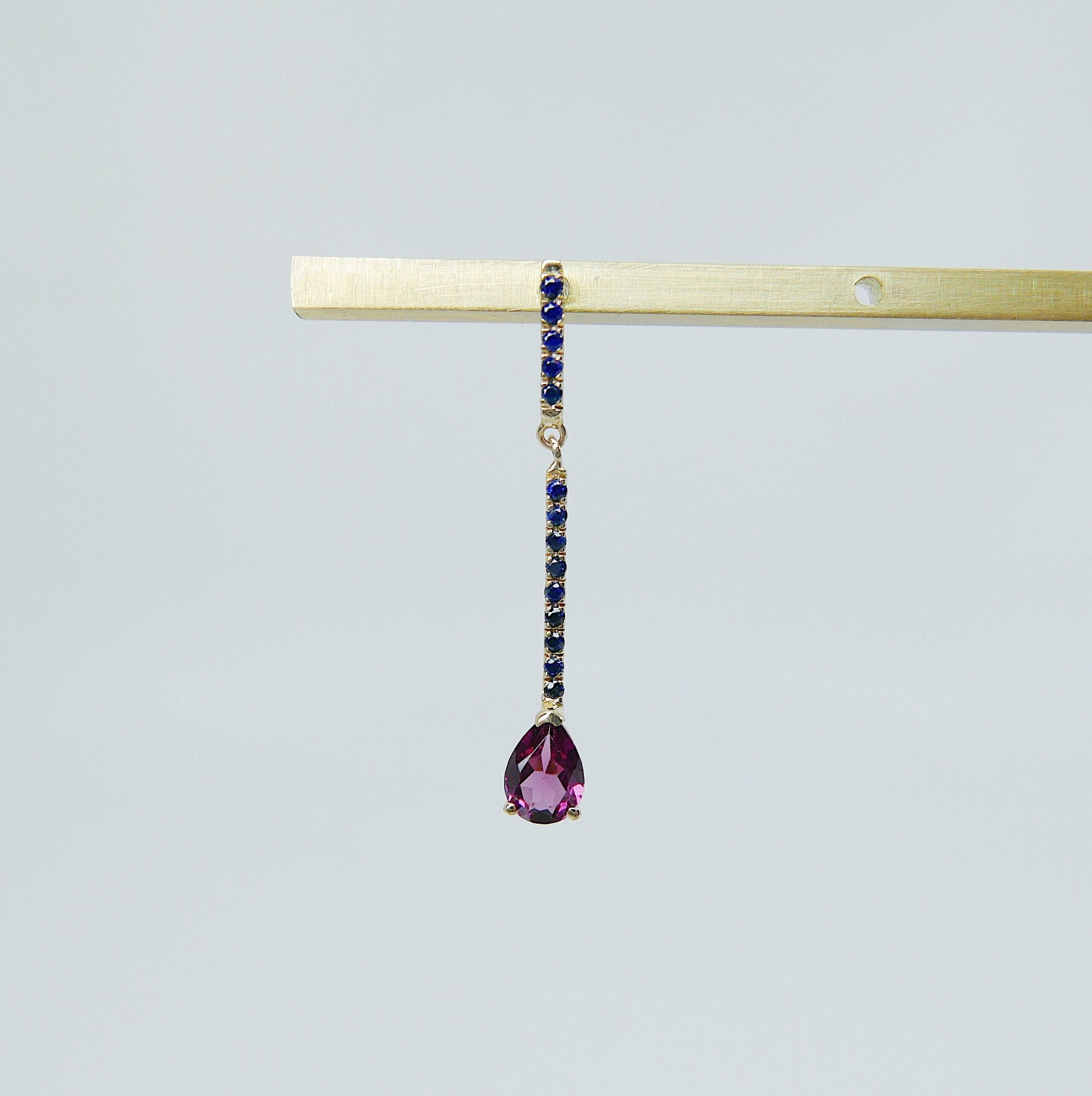 Sticks and Stones Pear Duo Earring, 14k Gold Rhodolite Garnet Bar Earring, 14k Gold Sapphire Dangle Earring