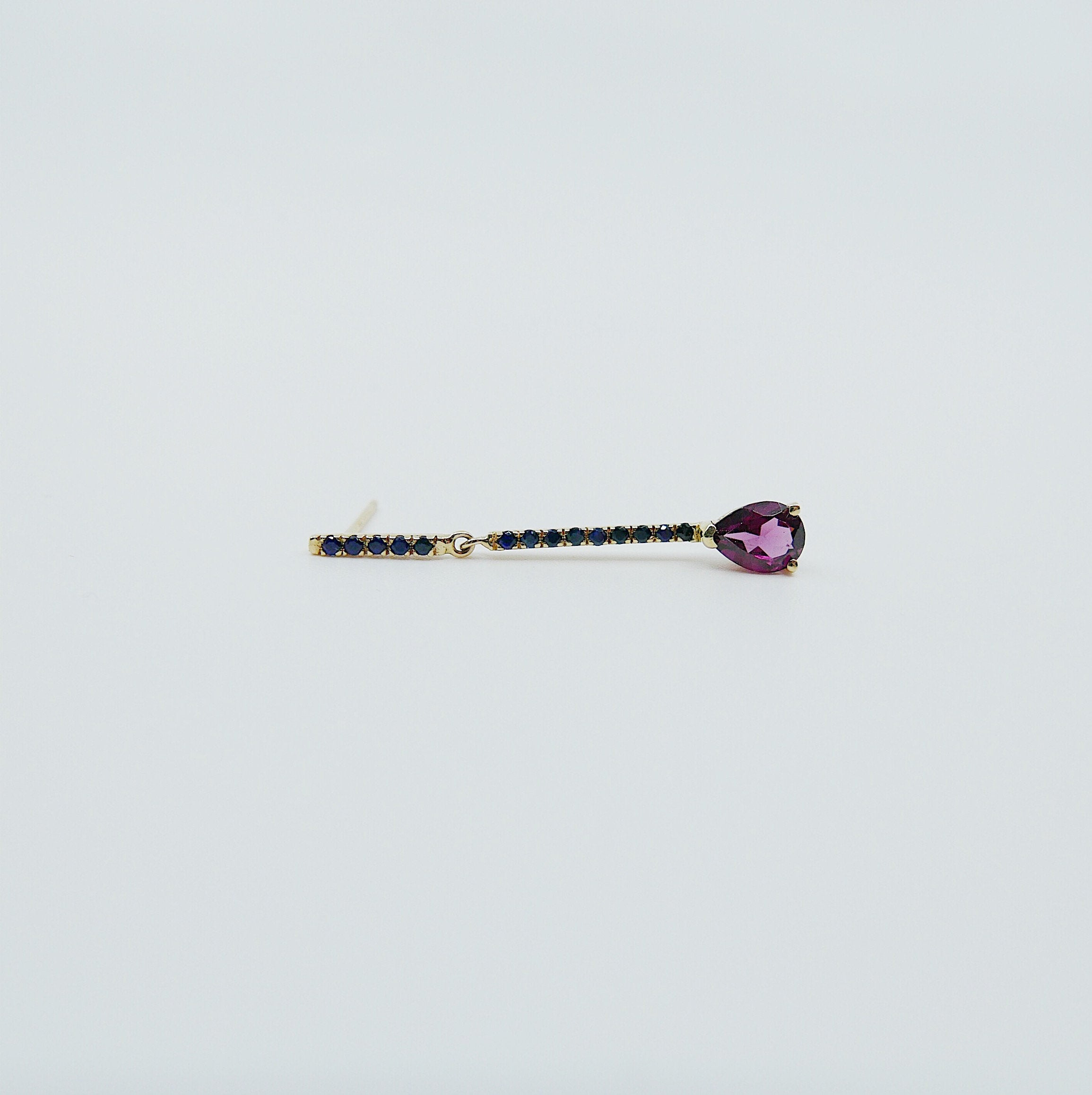 Sticks and Stones Pear Duo Earring, 14k Gold Rhodolite Garnet Bar Earring, 14k Gold Sapphire Dangle Earring