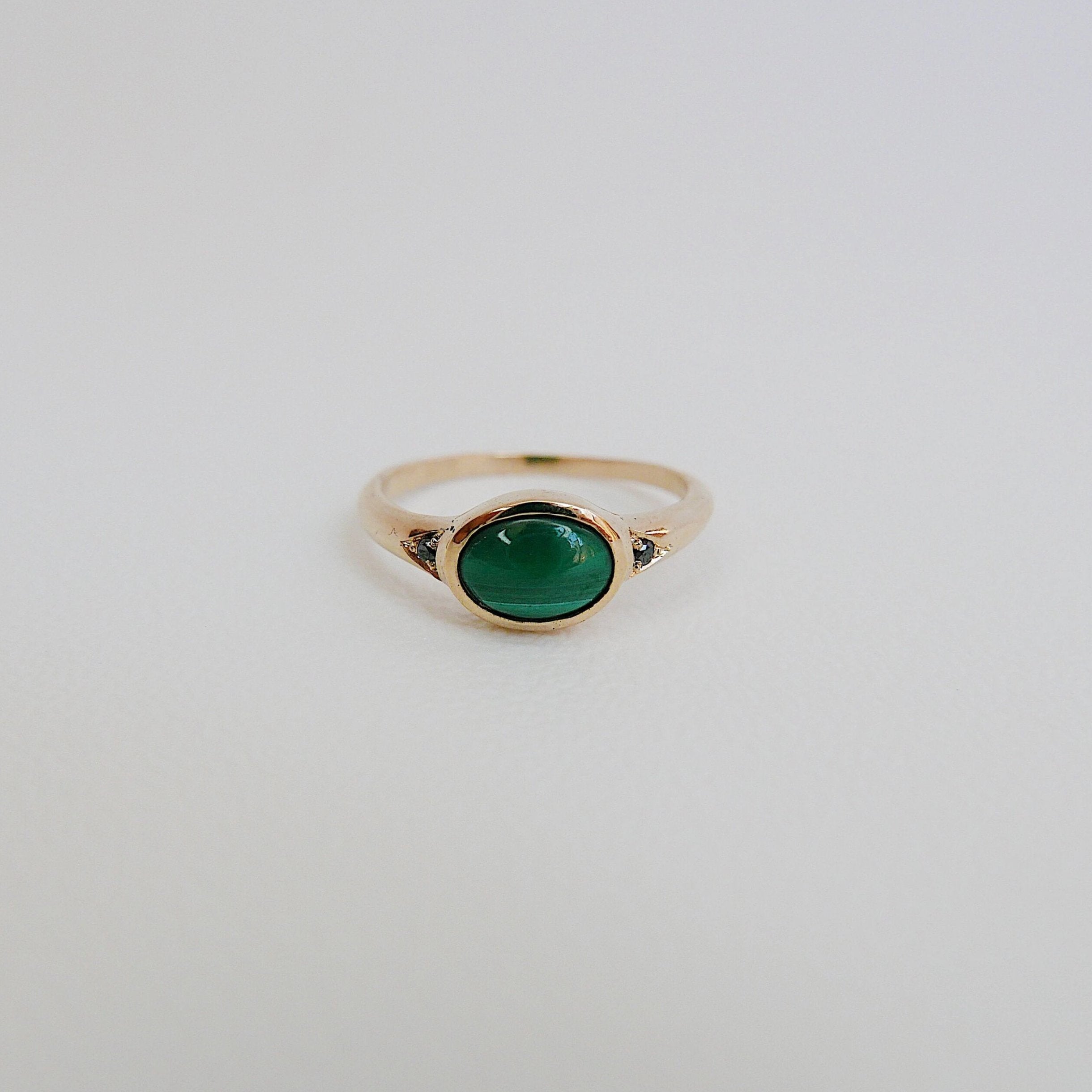 Malachite Signet Ring, Malachite cabochon ring, oval malachite and black diamond ring, 14k gold malachite ring, bezel malachite band