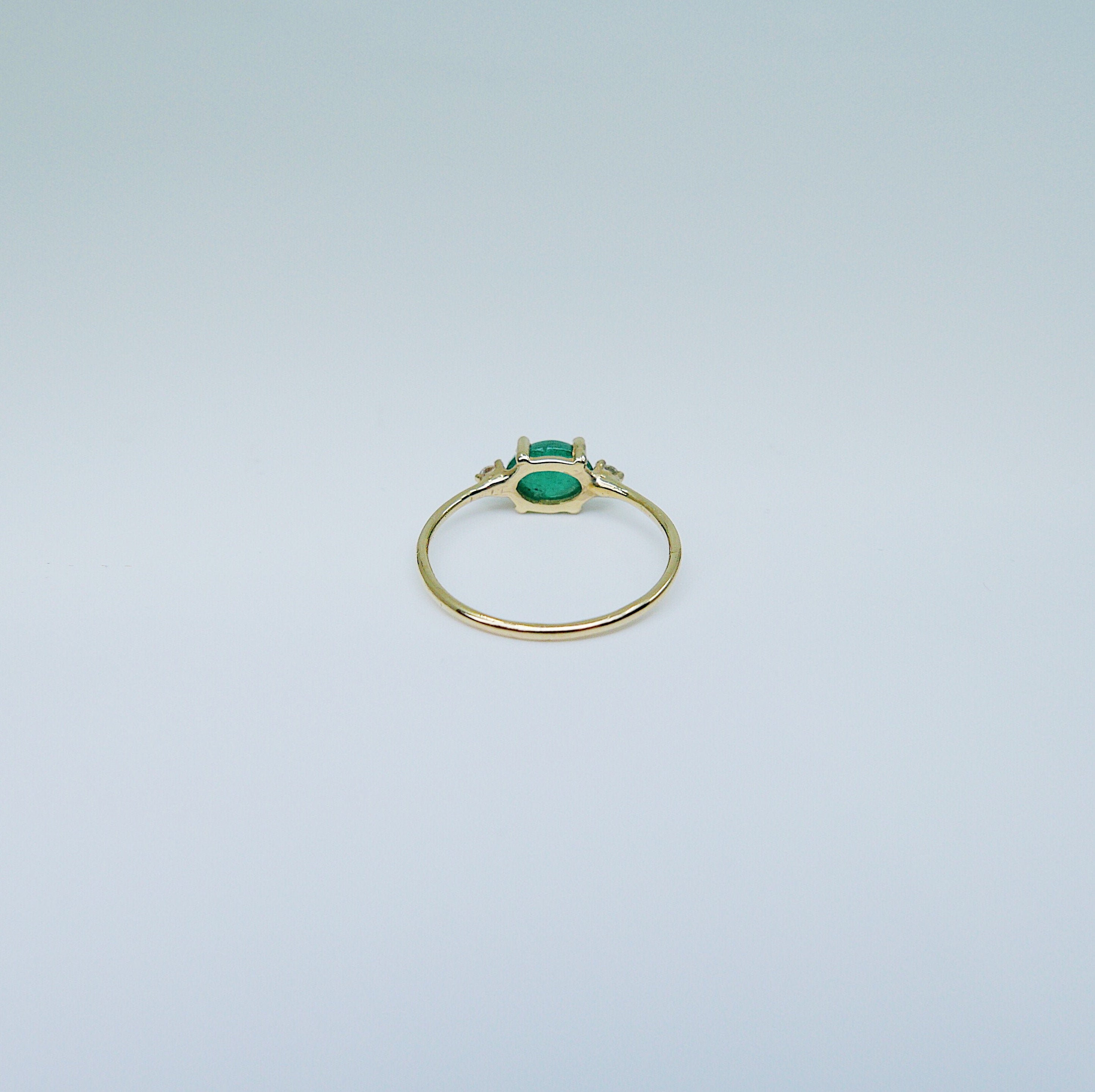 Oval Emerald ring, three stone ring, emerald and diamond ring, 14k gold emerald ring, emerald cabochon