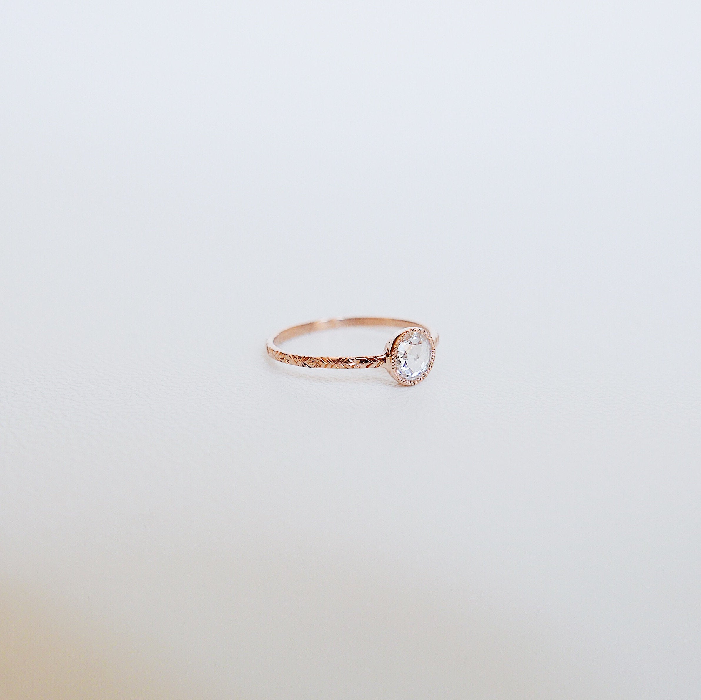 Justine Rose Cut Diamond Ring, gold solitaire ring, bezel stone ring, 14k gold diamond ring, gold hand engraved band, hand engraved band