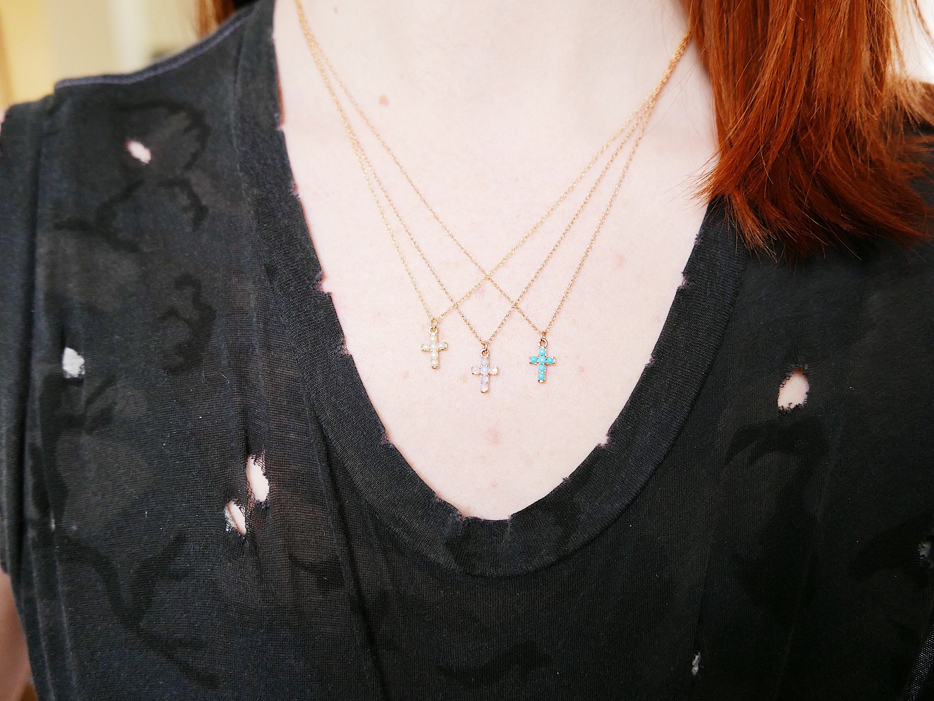 Cross Turquoise Necklace, 14k Gold Crucifix necklace, Small 14k cross necklace, Turquoise cross, Dainty gold cross necklace