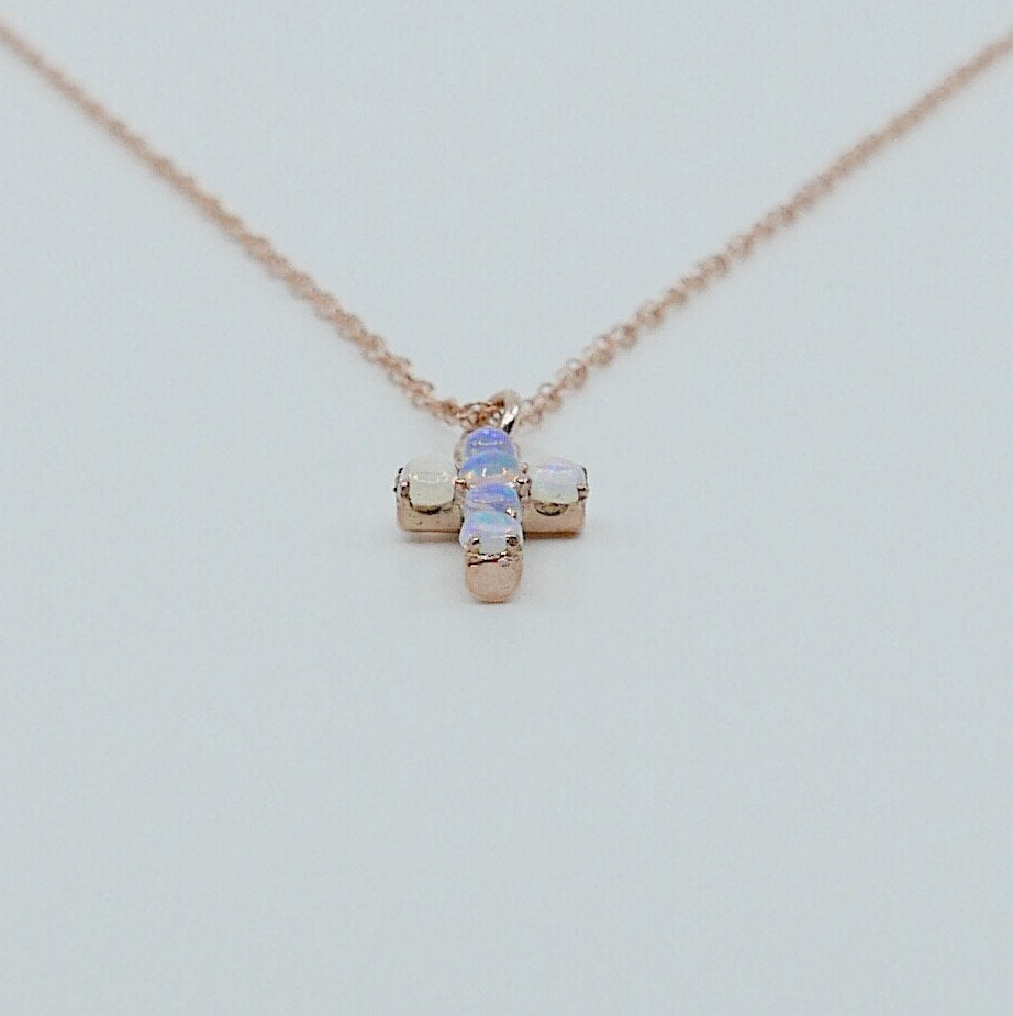 Cross Opal Necklace, 14k Gold Crucifix necklace, Small 14k cross necklace, opal cross, Dainty gold cross necklace