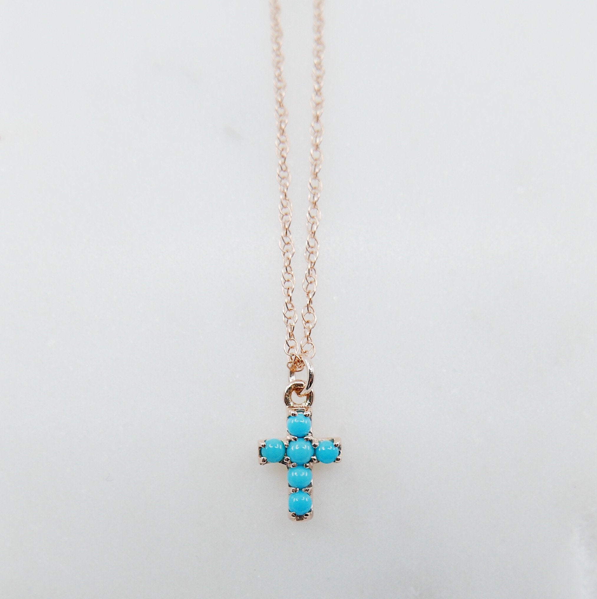 Cross Turquoise Necklace, 14k Gold Crucifix necklace, Small 14k cross necklace, Turquoise cross, Dainty gold cross necklace