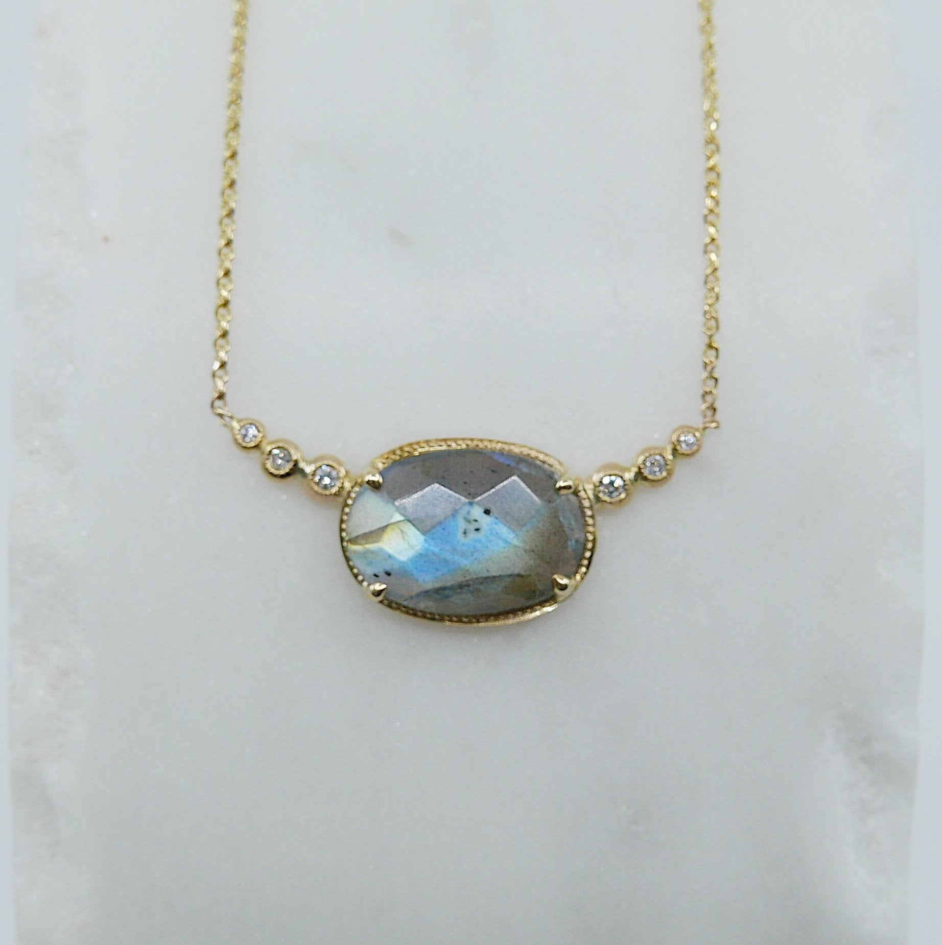 Ellipsis Labradorite and Diamond Necklace, One of a kind unique gold labradorite Necklace, blue labradorite necklace, diamond necklace