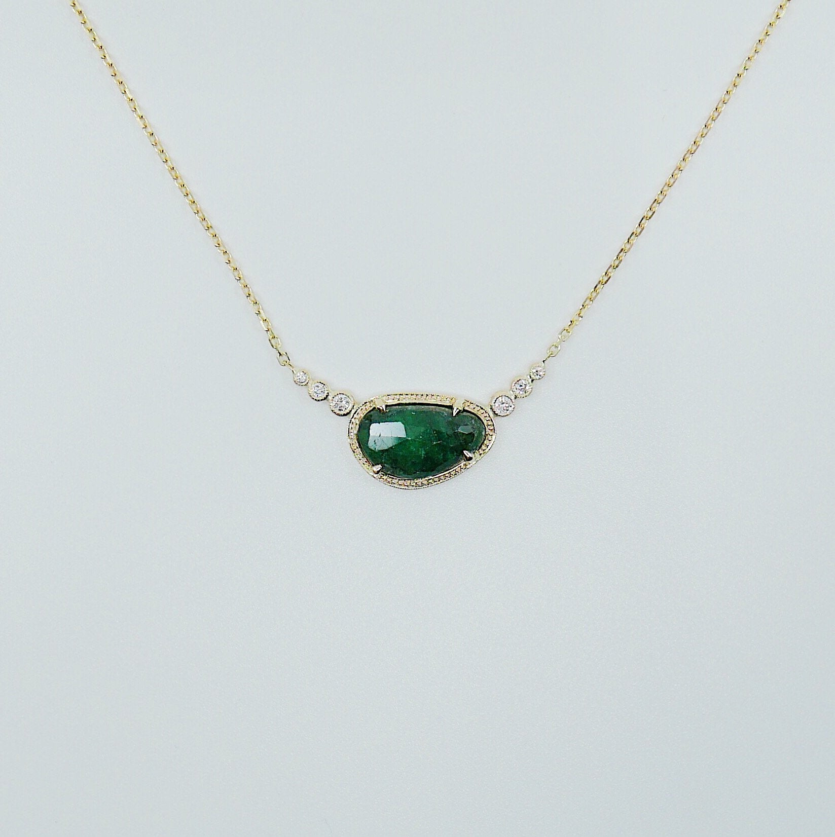 Ellipsis Emerald and Diamond Necklace, One of a kind unique gold emerald Necklace, green emerald Necklace, diamond necklace