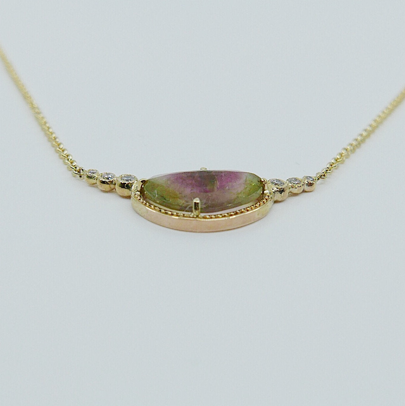 Ellipsis Watermelon tourmaline and Diamond Necklace, One of a kind unique gold tourmaline slice Necklace, pink and green tourmaline Necklace