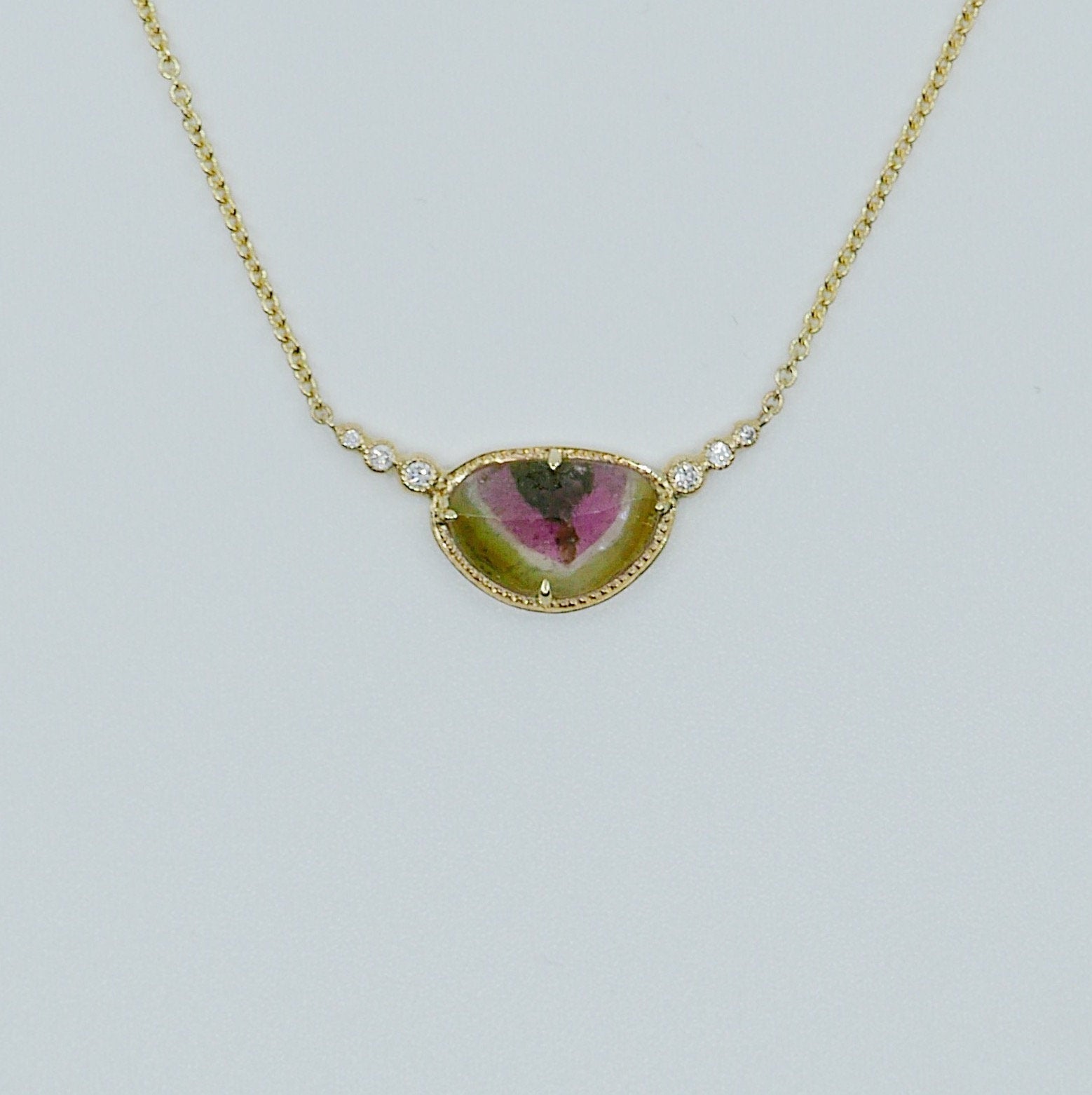 Ellipsis Watermelon tourmaline and Diamond Necklace, One of a kind unique gold tourmaline slice Necklace, pink and green tourmaline Necklace