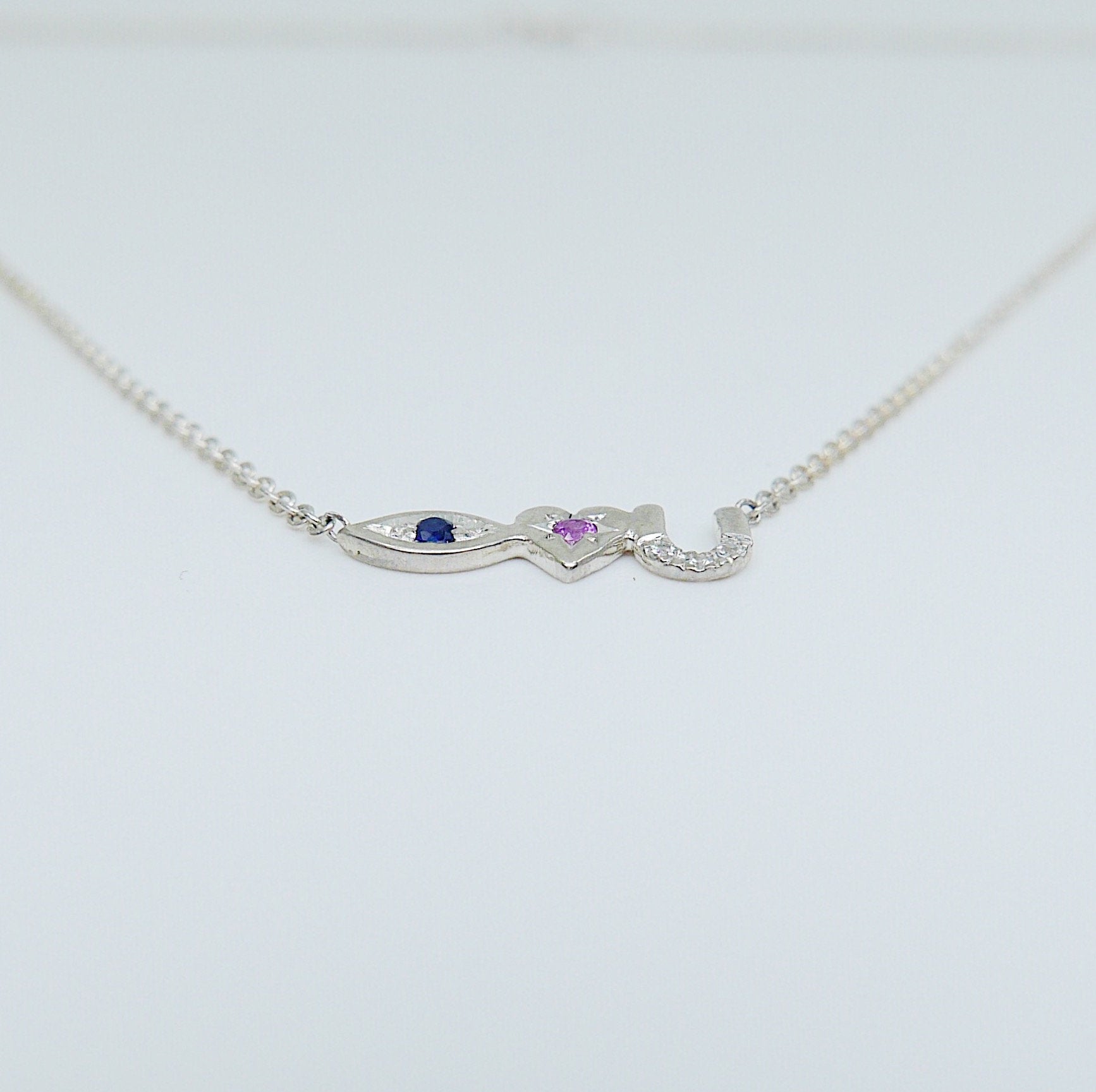 Eye Love U Necklace, Silver Eye Love U Necklace, Sapphire Necklace, Blue Pink and White Sapphire Necklace, Love You necklace, I love you