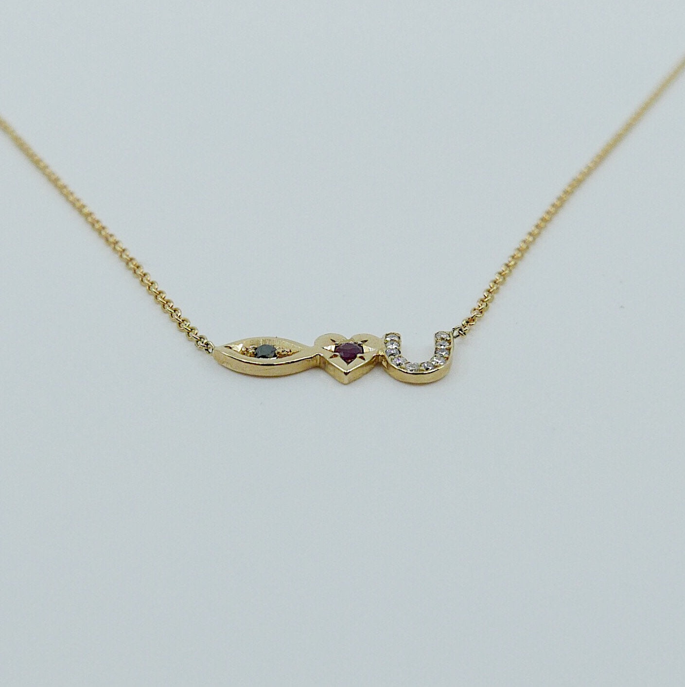 Eye Love U Necklace, 14k Gold Eye Love U Necklace, Black Diamond Necklace, Ruby Necklace, Diamond necklace, Love You necklace, I love you