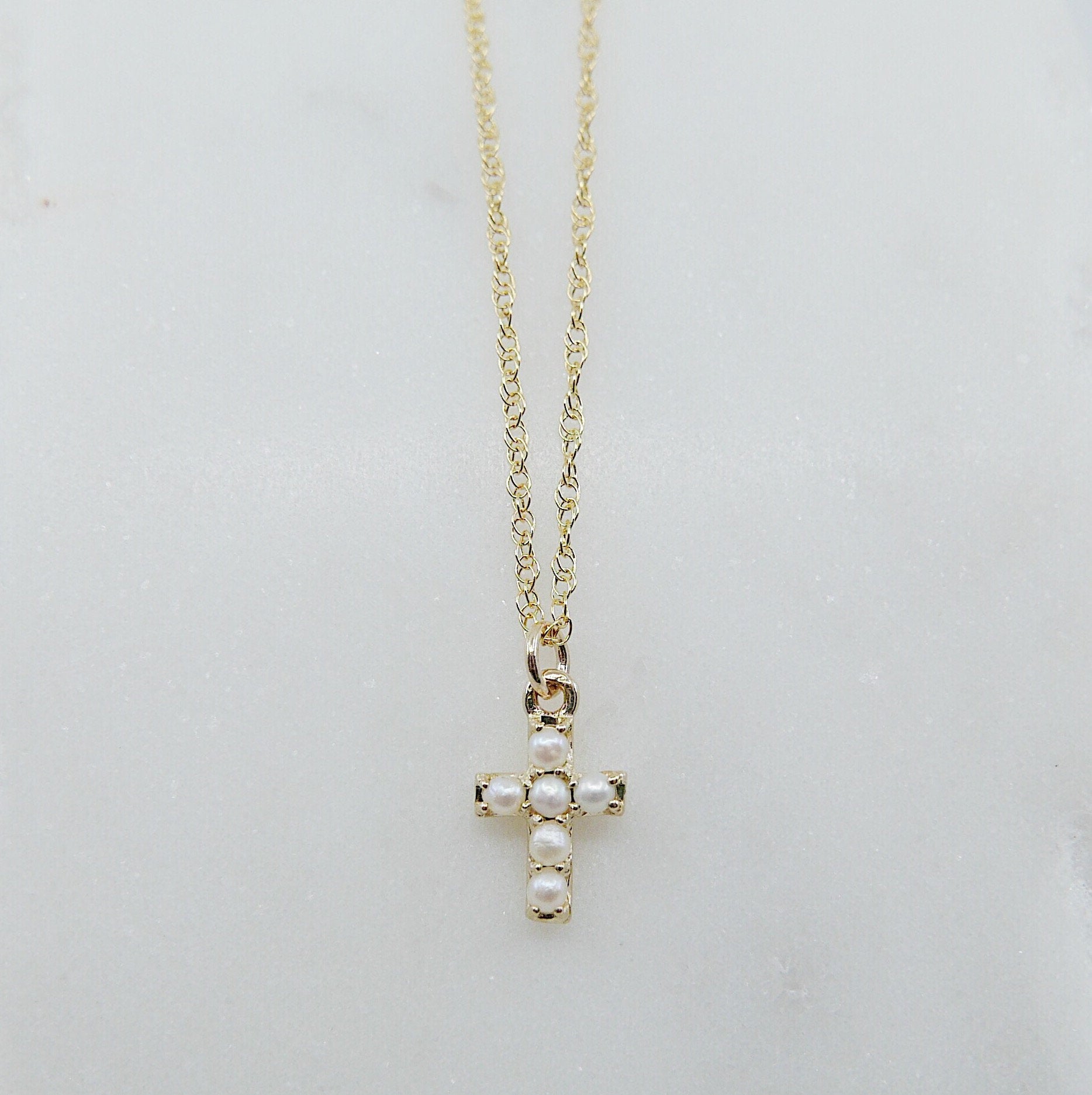 Cross Pearl Necklace, 14k Gold Crucifix necklace, Small 14k cross necklace, pearl cross, Dainty gold cross necklace