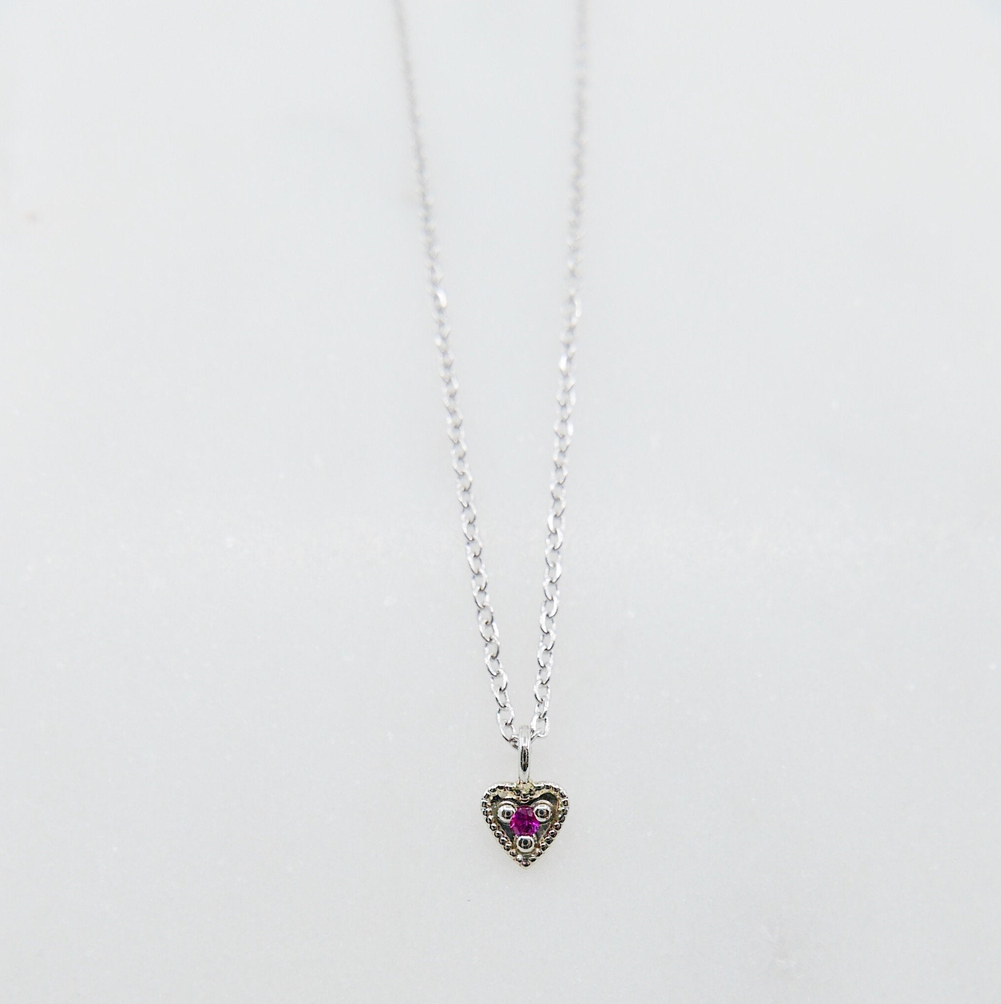 14k White Gold Heart with Ruby Necklace, Mini Heart Necklace, Ruby Heart necklace, white gold heart necklace,  14k white gold heart necklace