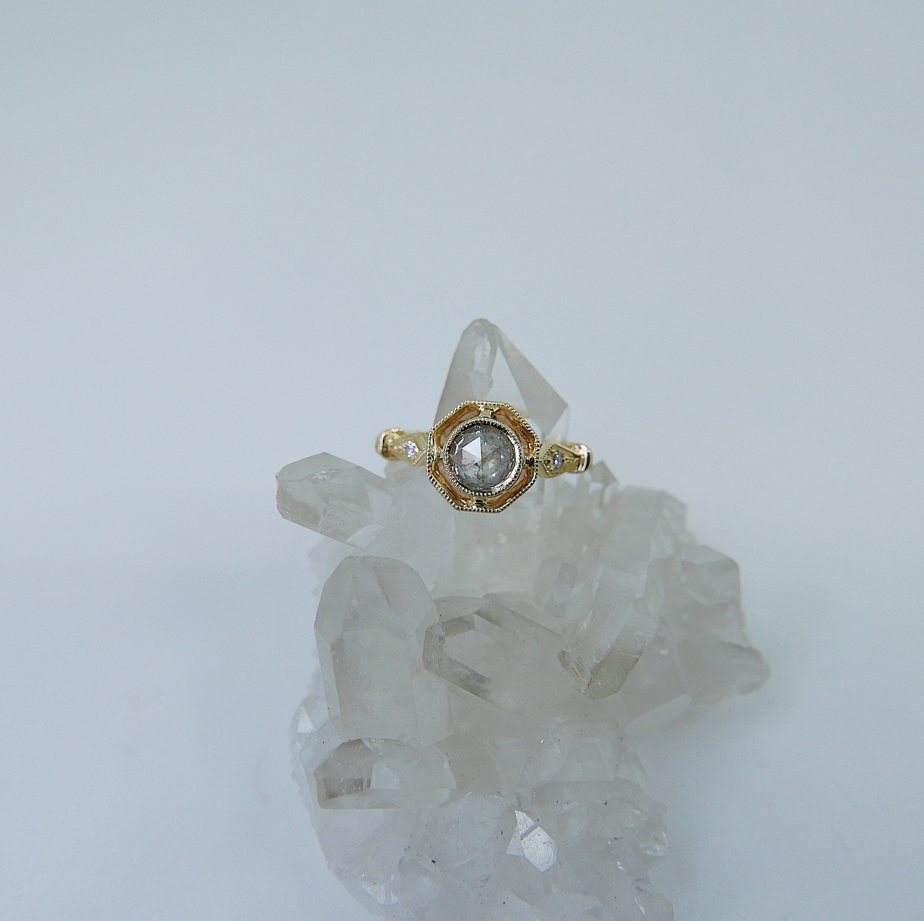 Webbed Eloise Rose Cut Grey Diamond Ring, One of a Kind Ring, OOAK, 14k yellow gold ring, vintage inspired ring, rustic diamond ring