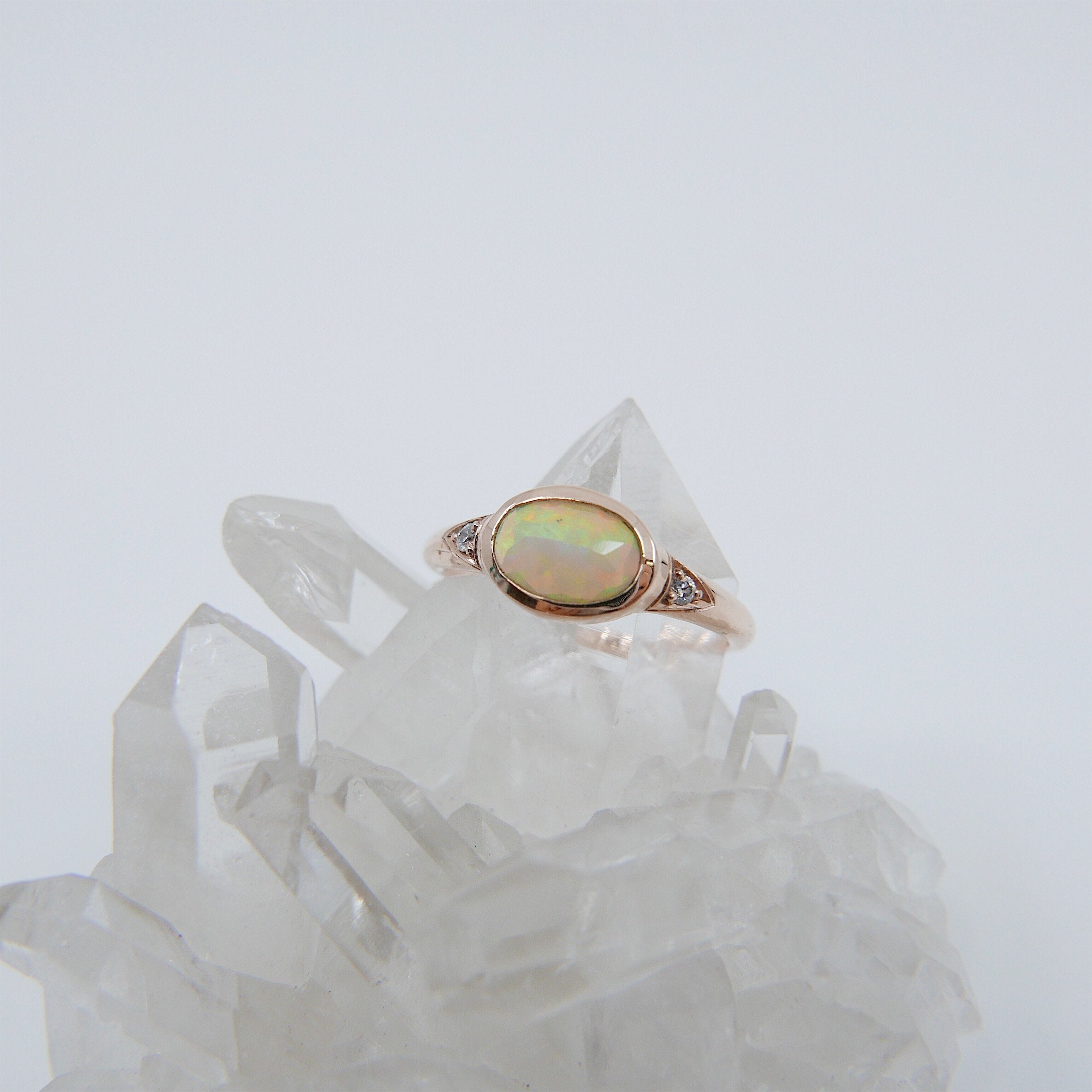 Opal Signet Ring, three stone opal ring, opal and diamond ring, 14k gold bold opal ring, oval opal ring, oval bezel opal ring