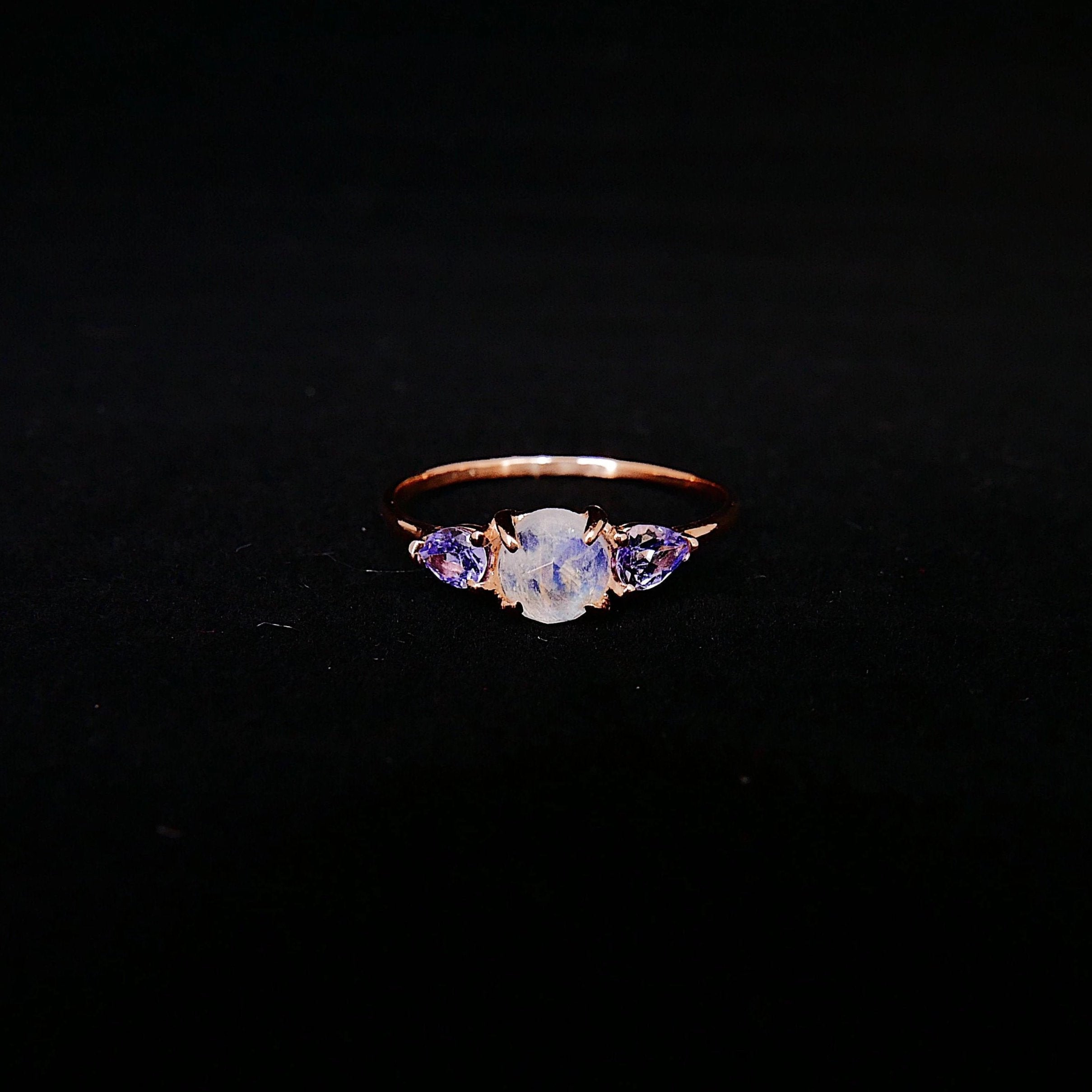 Penelope Rose Cut Moonstone Ring, Moonstone and tanzanite  ring, 3 stone ring, 14k gold moonstone ring