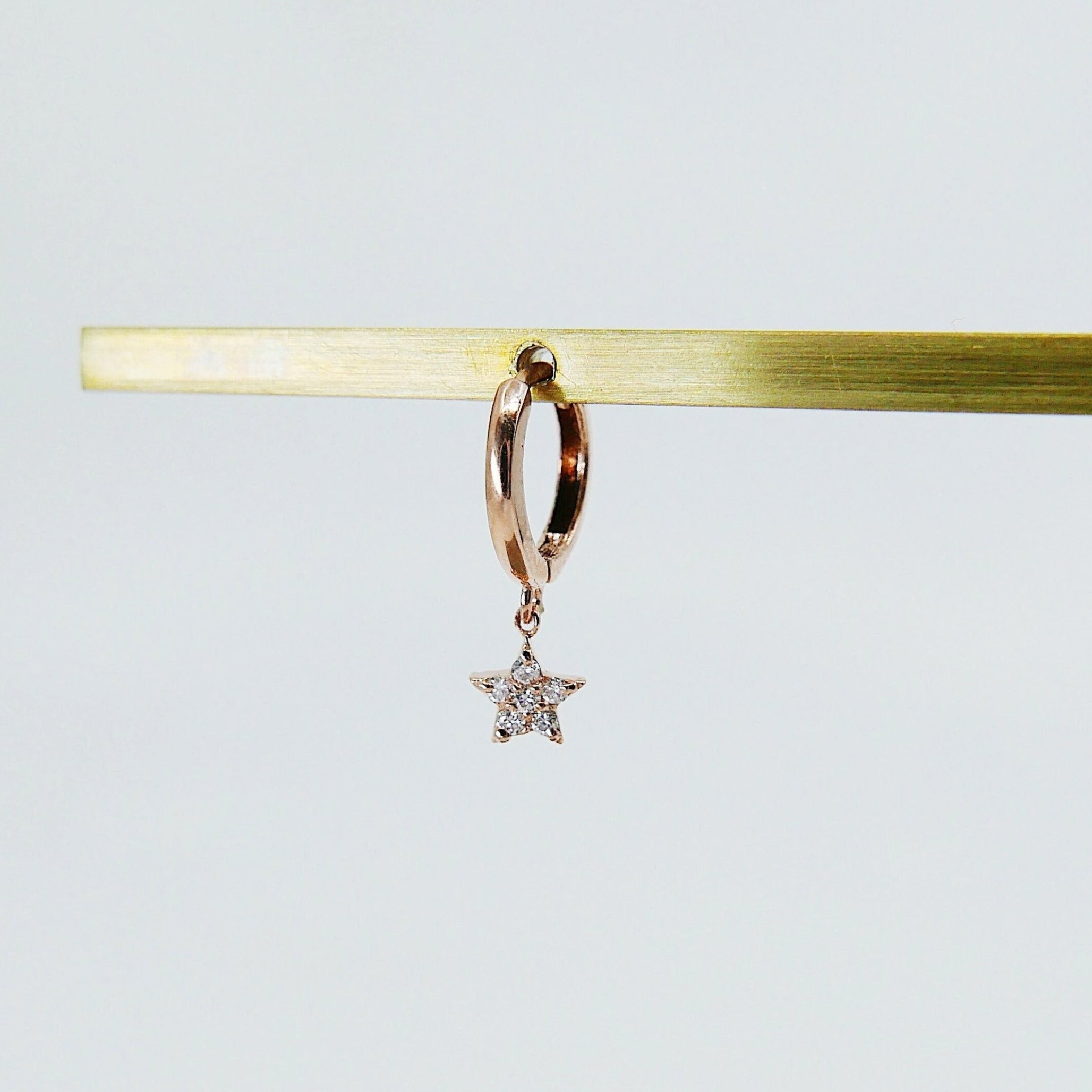 Diamond Star Charm Hoop, small 14k gold diamond hoop, 6 diamond gold hoop, diamond star gold hoop, diamond hoop, star hoop