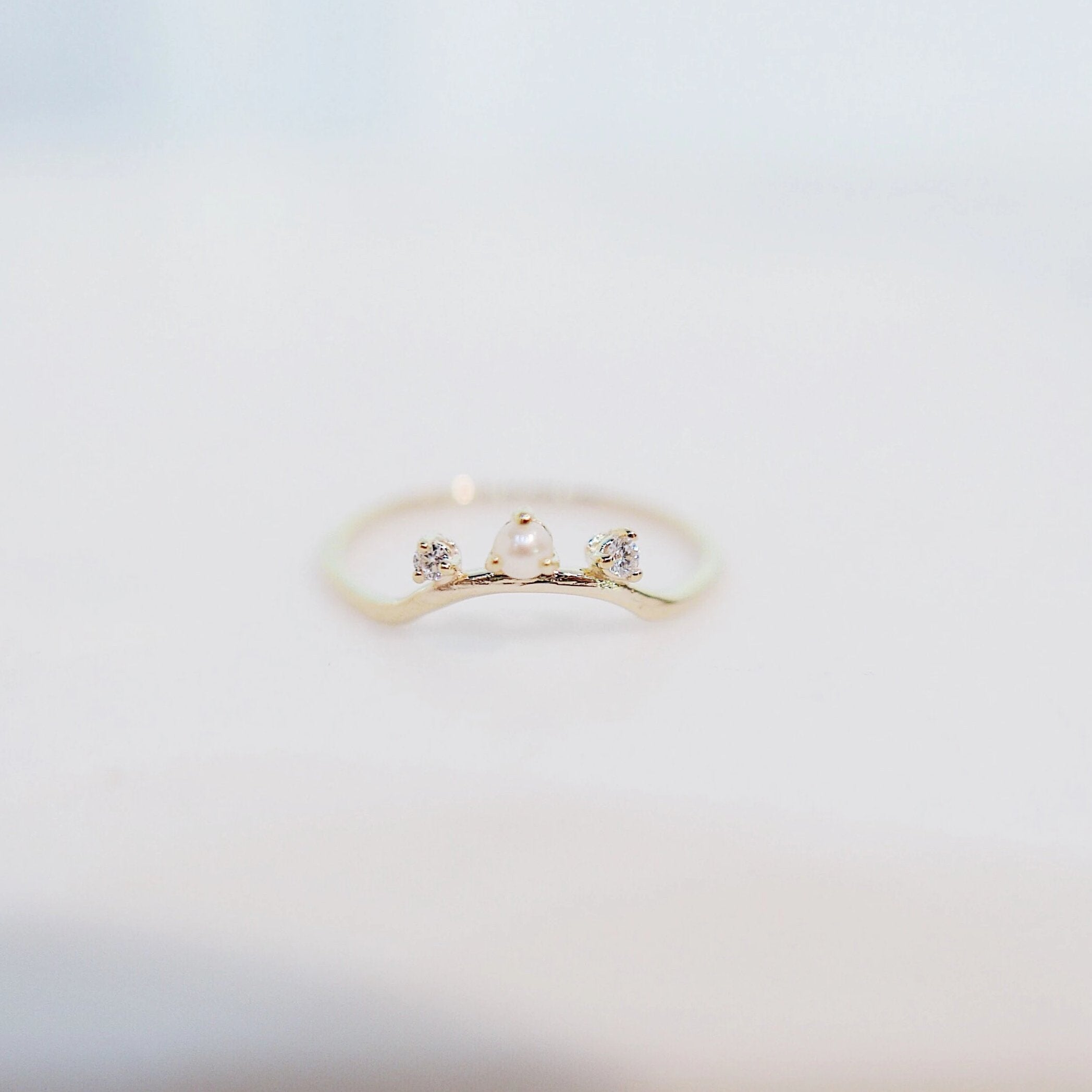 Scattered Nesting Pearl Ring, pearl and diamond ring, 14k gold arc ring, delicate dainty thin ring, thin band, stacking ring, wedding band