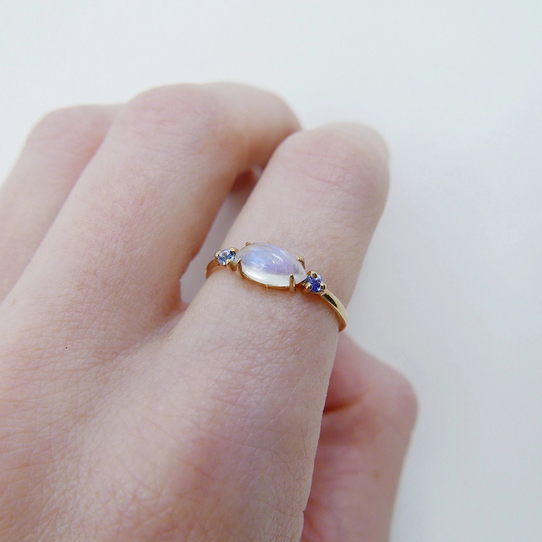 Twiggy Moonstone Ring, sleek marquise moonstone ring, 3 stone ring, marquise moonstone and sapphire ring, 14k gold moonstone ring