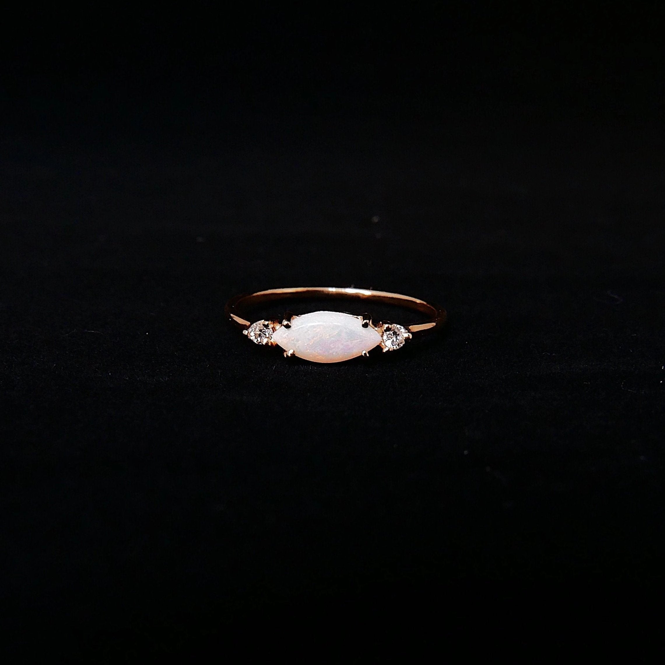 Twiggy ring, Sleek marquis opal ring, three stone ring, marquise opal and diamond ring, 14k gold opal ring