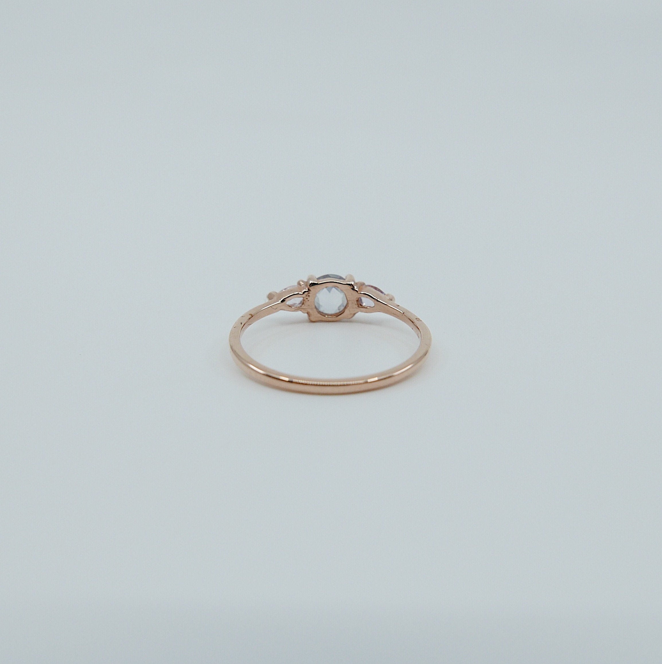 Penelope Rose Cut Light Blue Sapphire Ring, light blue sapphire and pink sapphire ring, 3 stone ring, 14k gold sapphire ring