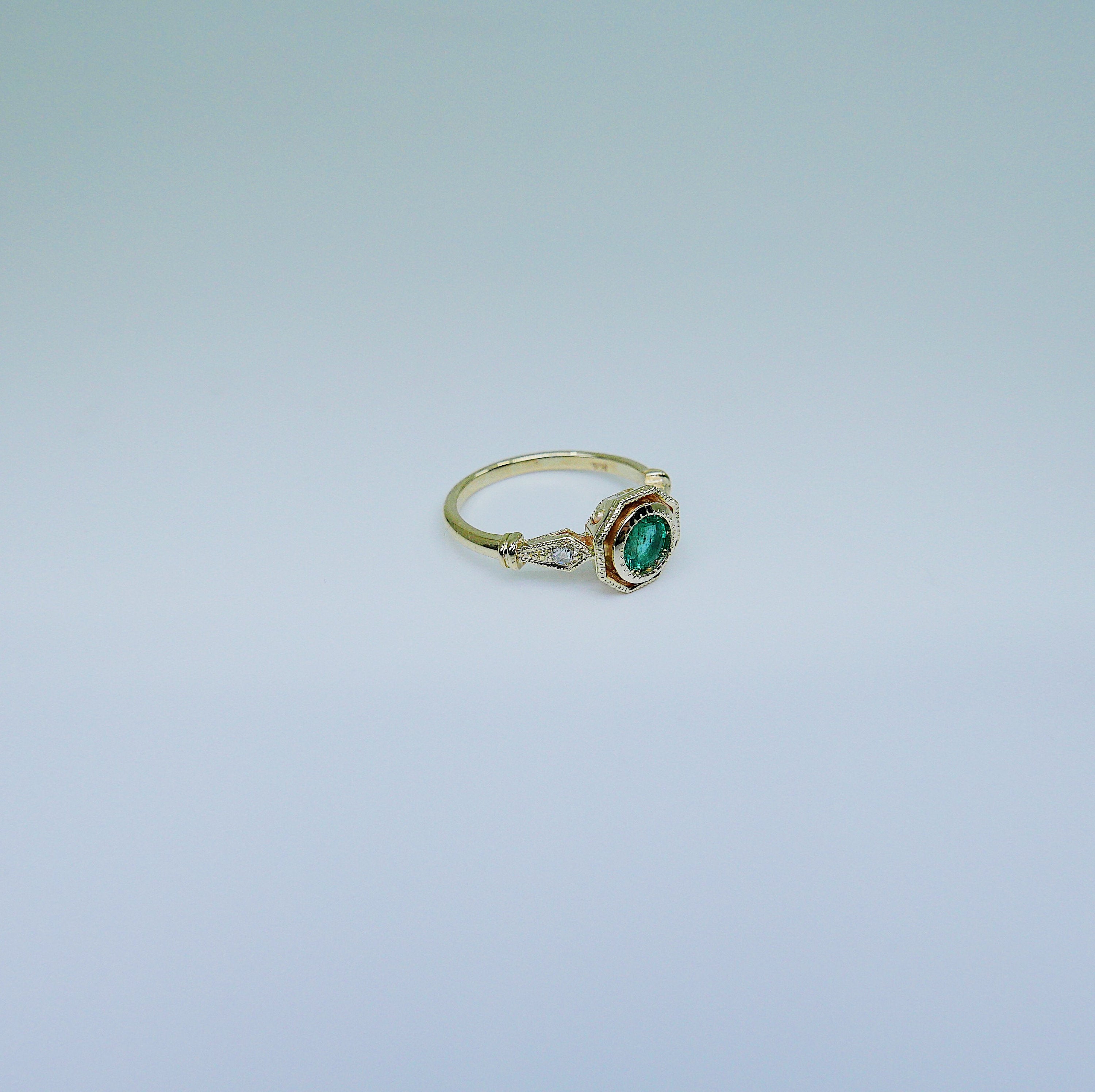 Eloise Bezel Emerald Ring, emerald and diamond ring, 14k gold ring, green stone ring, 14k emerald ring, 14k emerald and diamond ring