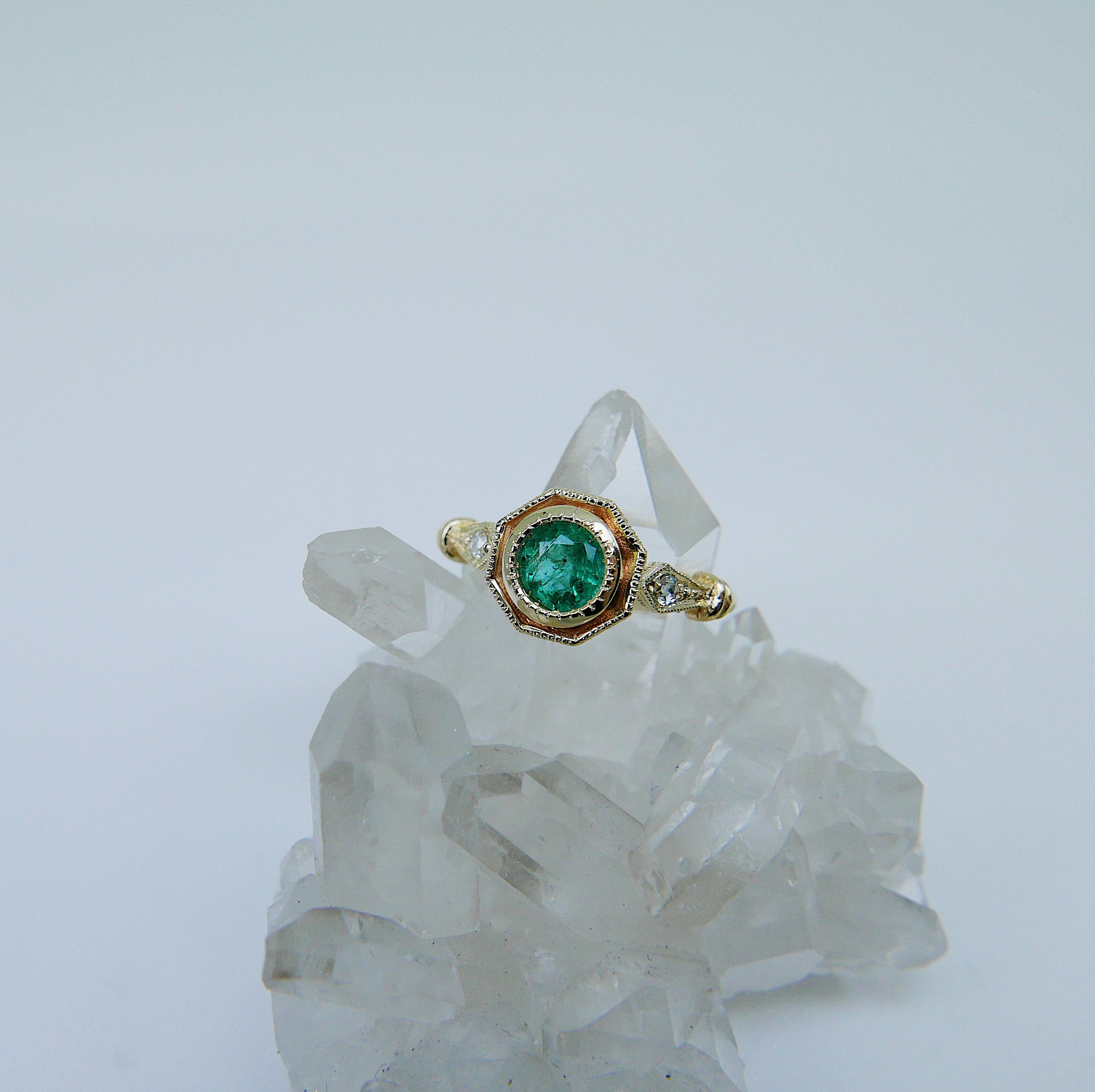 Eloise Bezel Emerald Ring, emerald and diamond ring, 14k gold ring, green stone ring, 14k emerald ring, 14k emerald and diamond ring