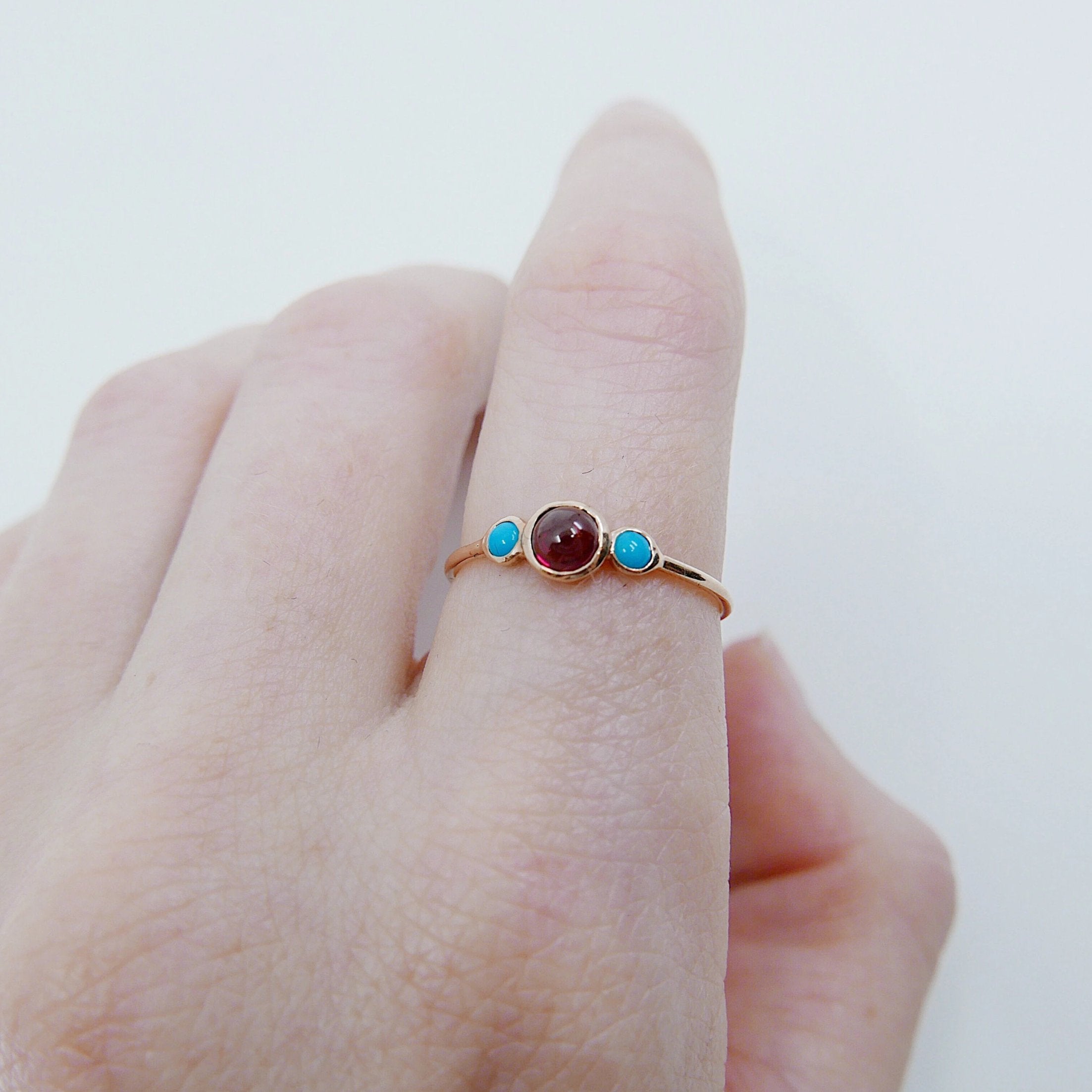 3 Stone Rhodolite Garnet & Turquoise Ring, three stone ring, garnet ring, turquoise ring, 14k gold garnet ring, 14k gold turquoise ring