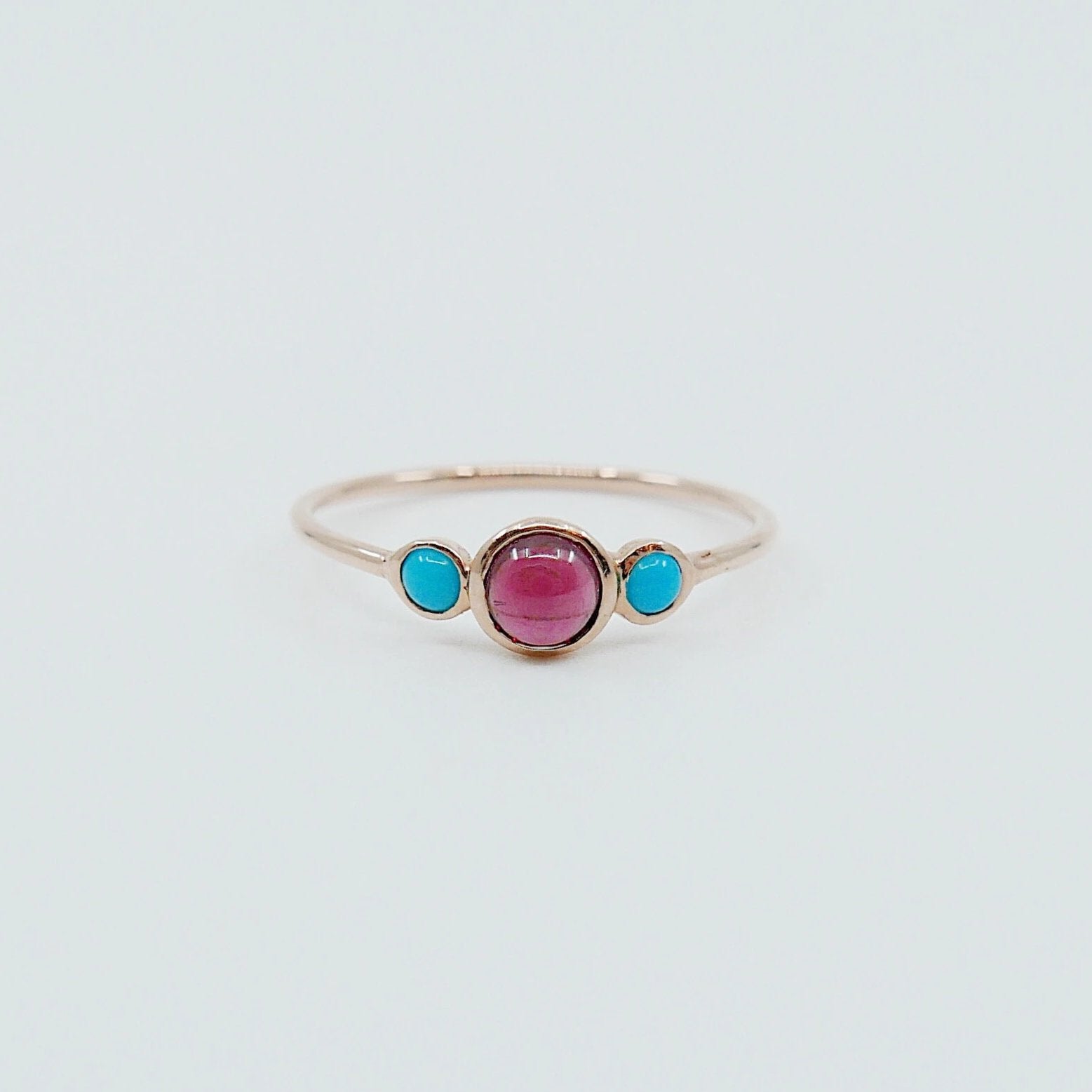 3 Stone Rhodolite Garnet & Turquoise Ring, three stone ring, garnet ring, turquoise ring, 14k gold garnet ring, 14k gold turquoise ring