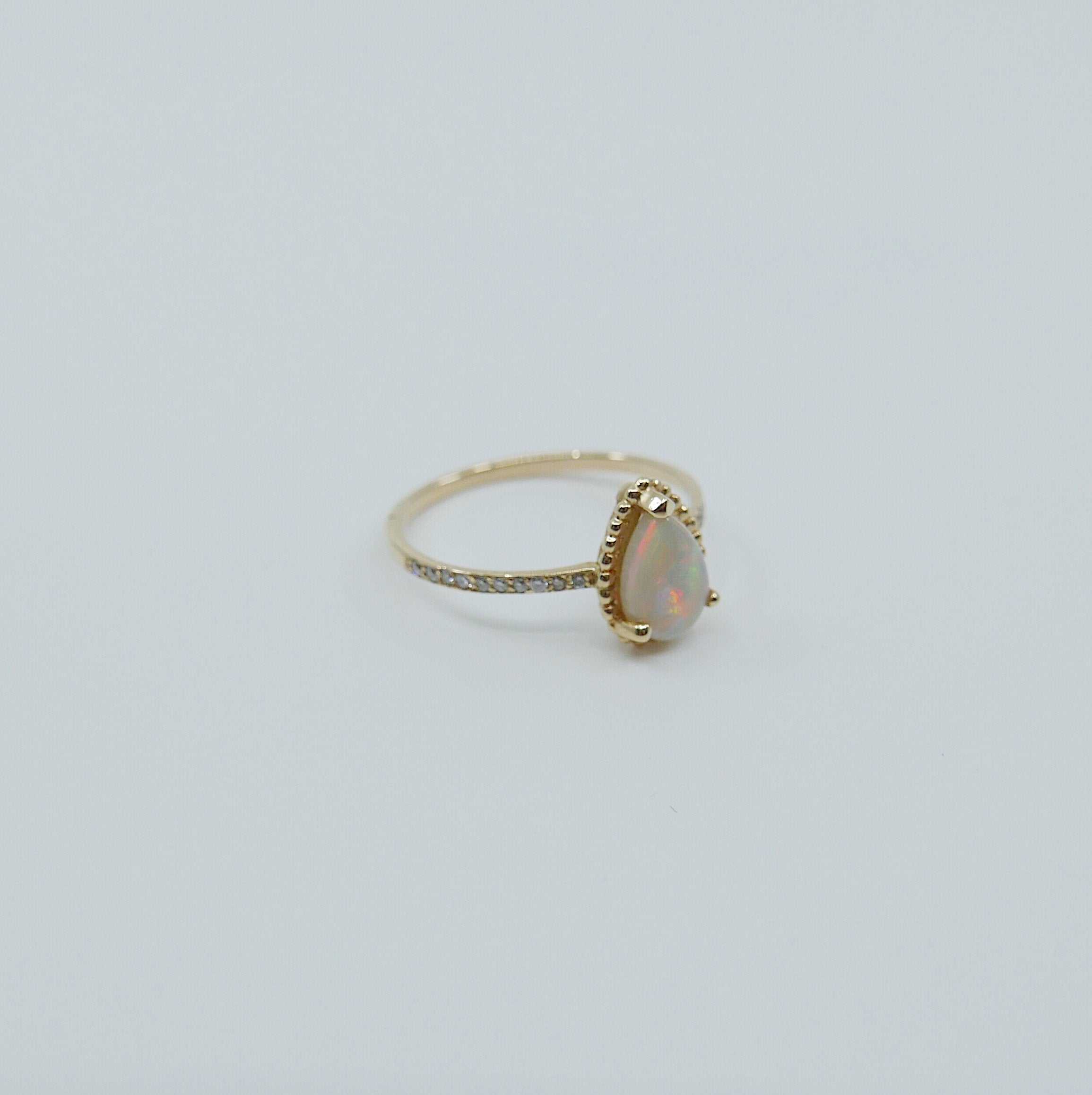 Ava Diamond Opal Ring, rainbow Opal halo ring, gold solitaire ring, pear opal ring, 14k gold opal prong engagement ring, opal halo ring