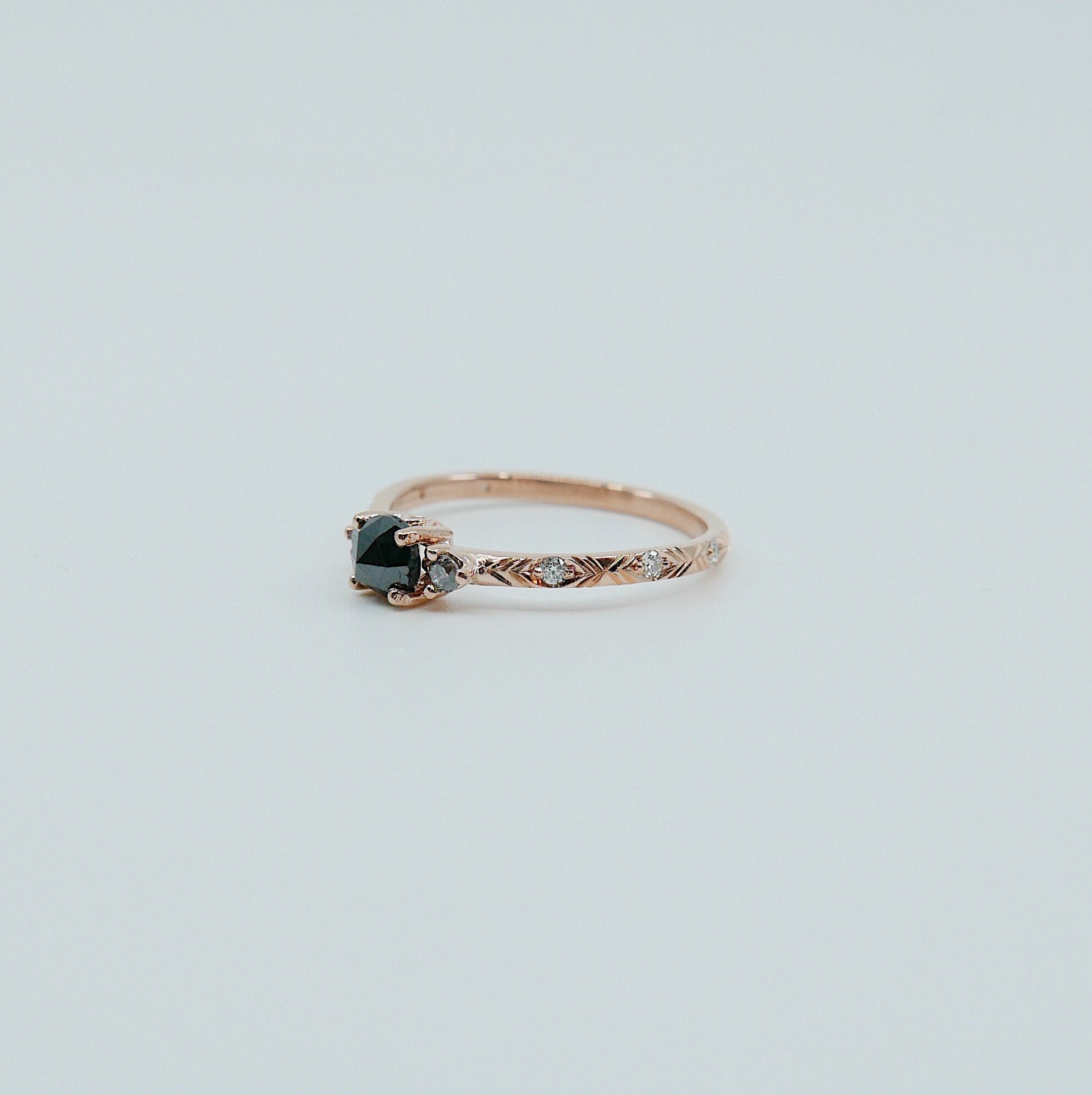 Clara Rose Cut Black Diamond Ring, alternative wedding ring, unique non traditional engagement ring, 14k stacking ring, white & grey diamond