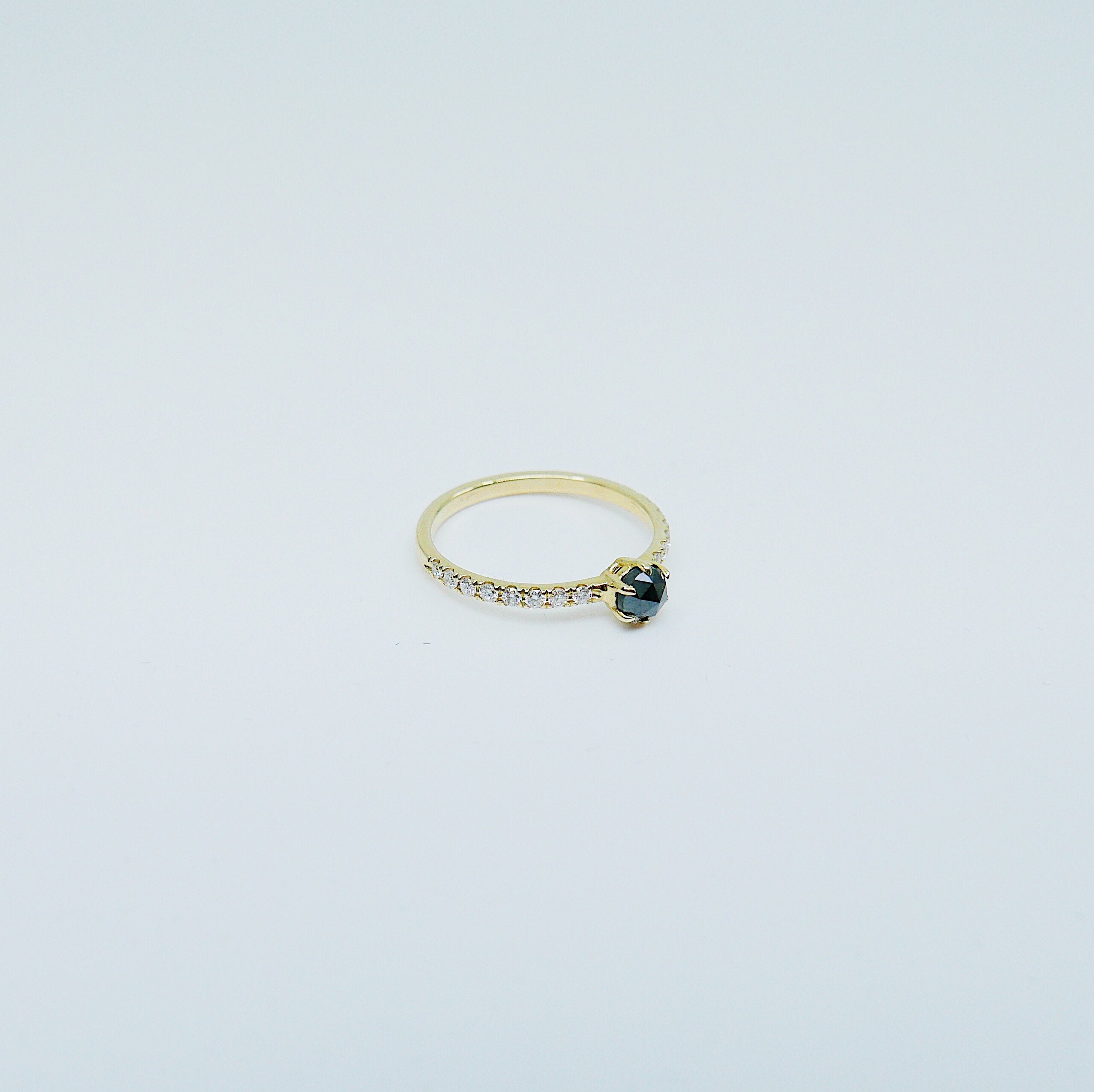 Rose Cut Black Diamond Ring, alternative wedding ring, unique non traditional engagement ring, 14k stacking ring, black & white diamonds