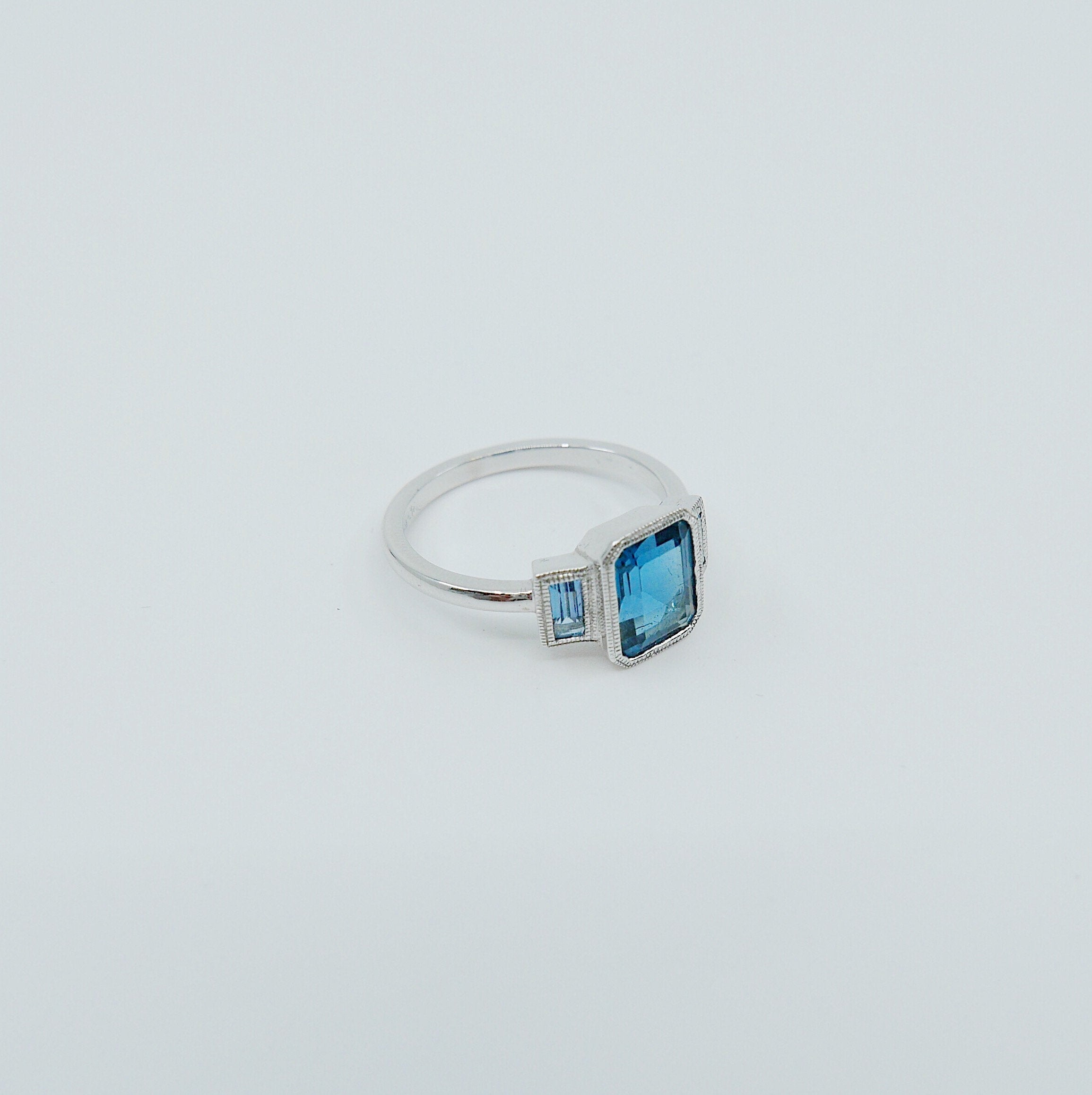 Charlotte Three Stone Ring, emerald cut ring, london blue topaz ring, blue stone wedding ring, classic engagement ring, aquamarine ring