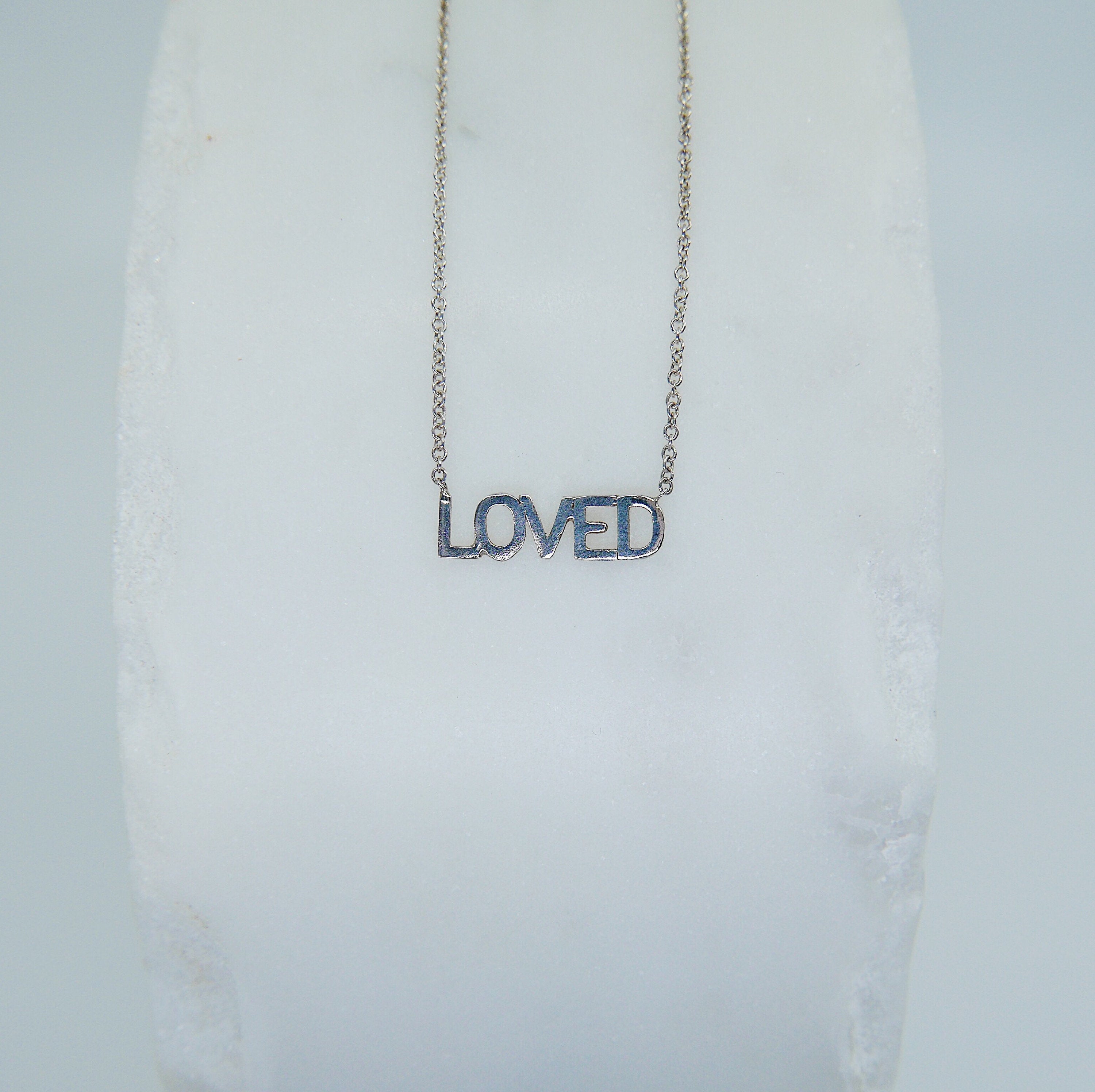 Loved Necklace, love necklace, Silver loved necklace, silver love necklace, silver love, text necklace, word necklace, gift