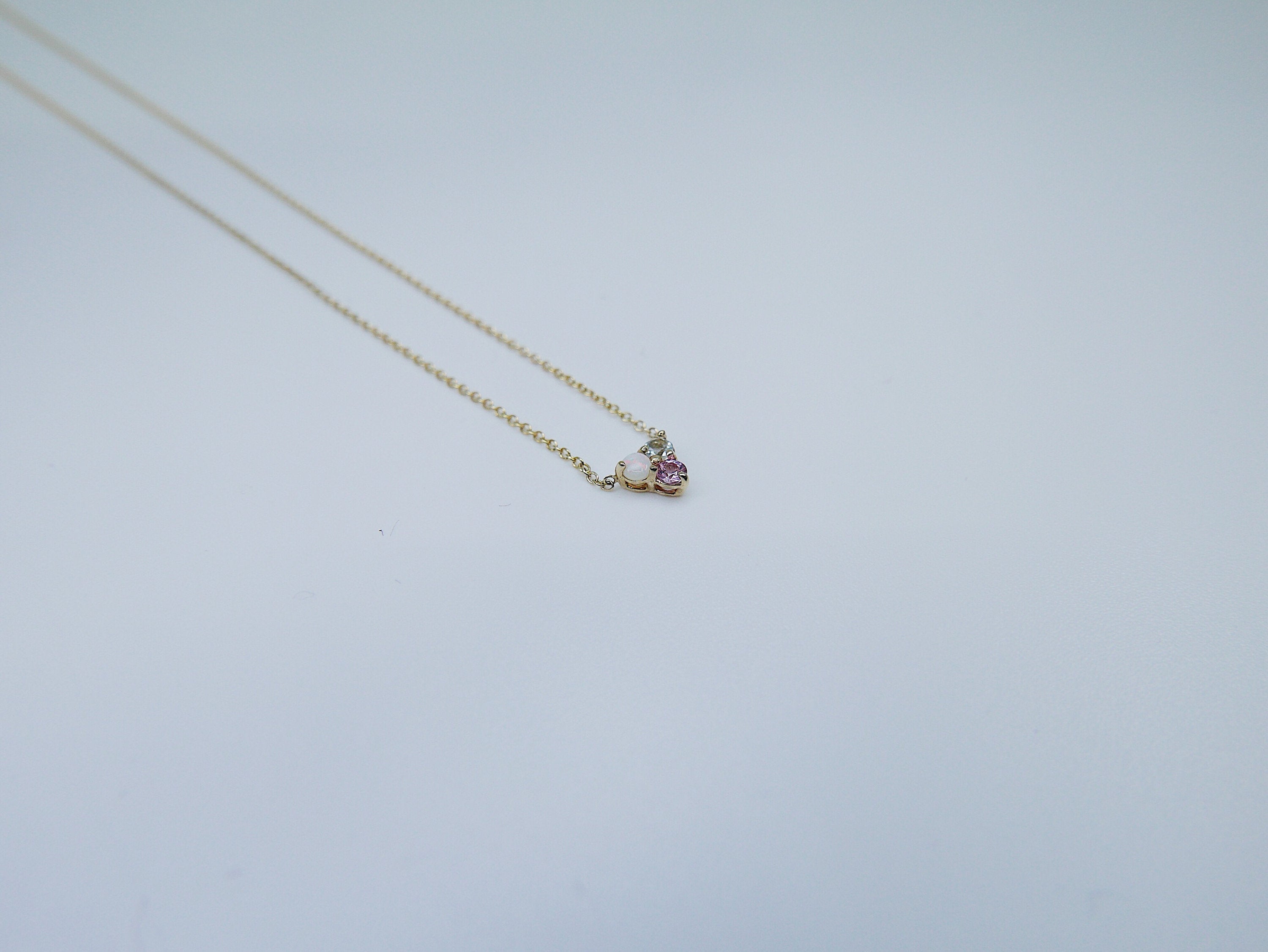 Trinity charm necklace, small 14k gold opal necklace, small gold necklace, Aquamarine necklace, Pink sapphire necklace