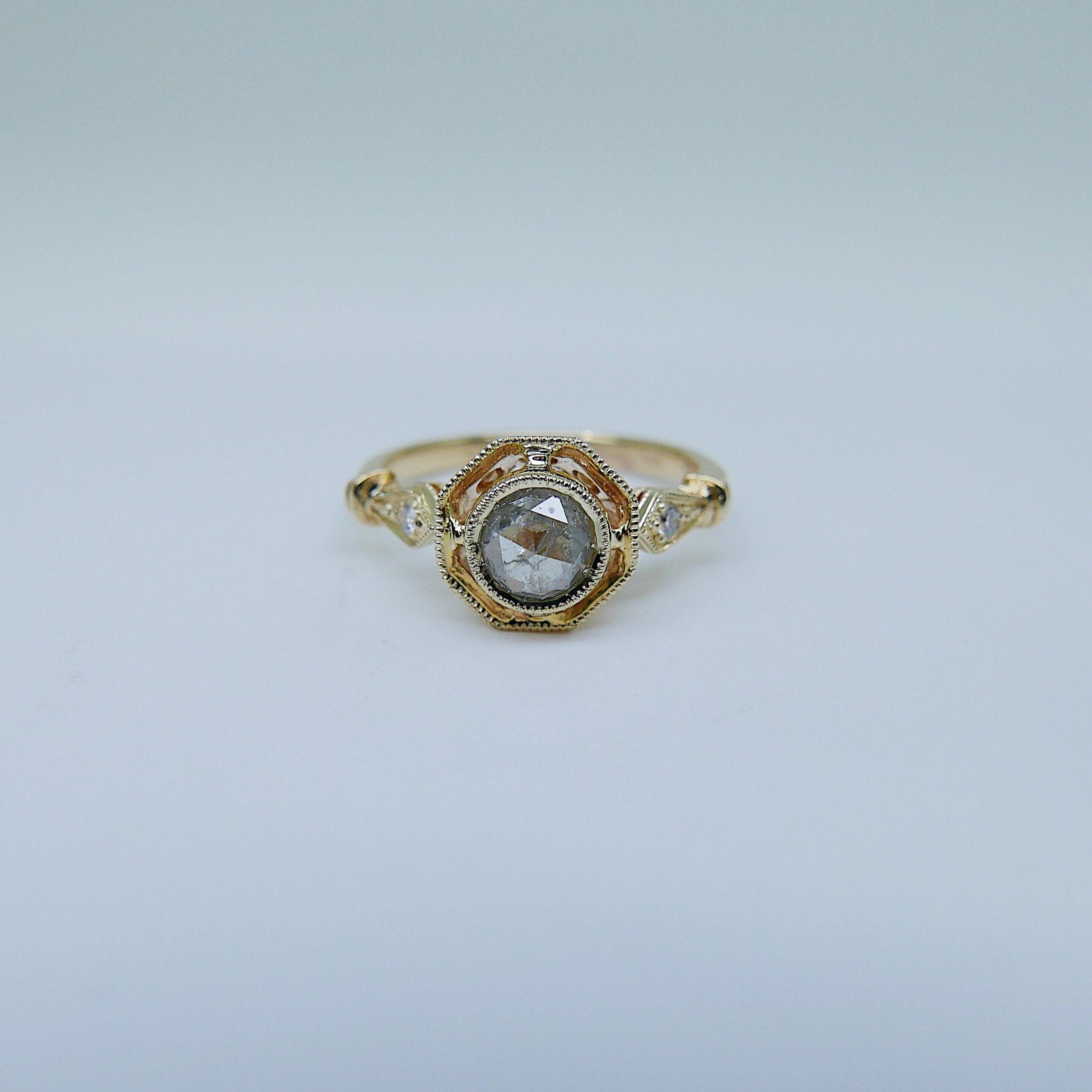 Webbed Eloise Rose Cut Grey Diamond Ring, One of a Kind Ring, OOAK, 14k yellow gold ring, vintage inspired ring, rustic diamond ring