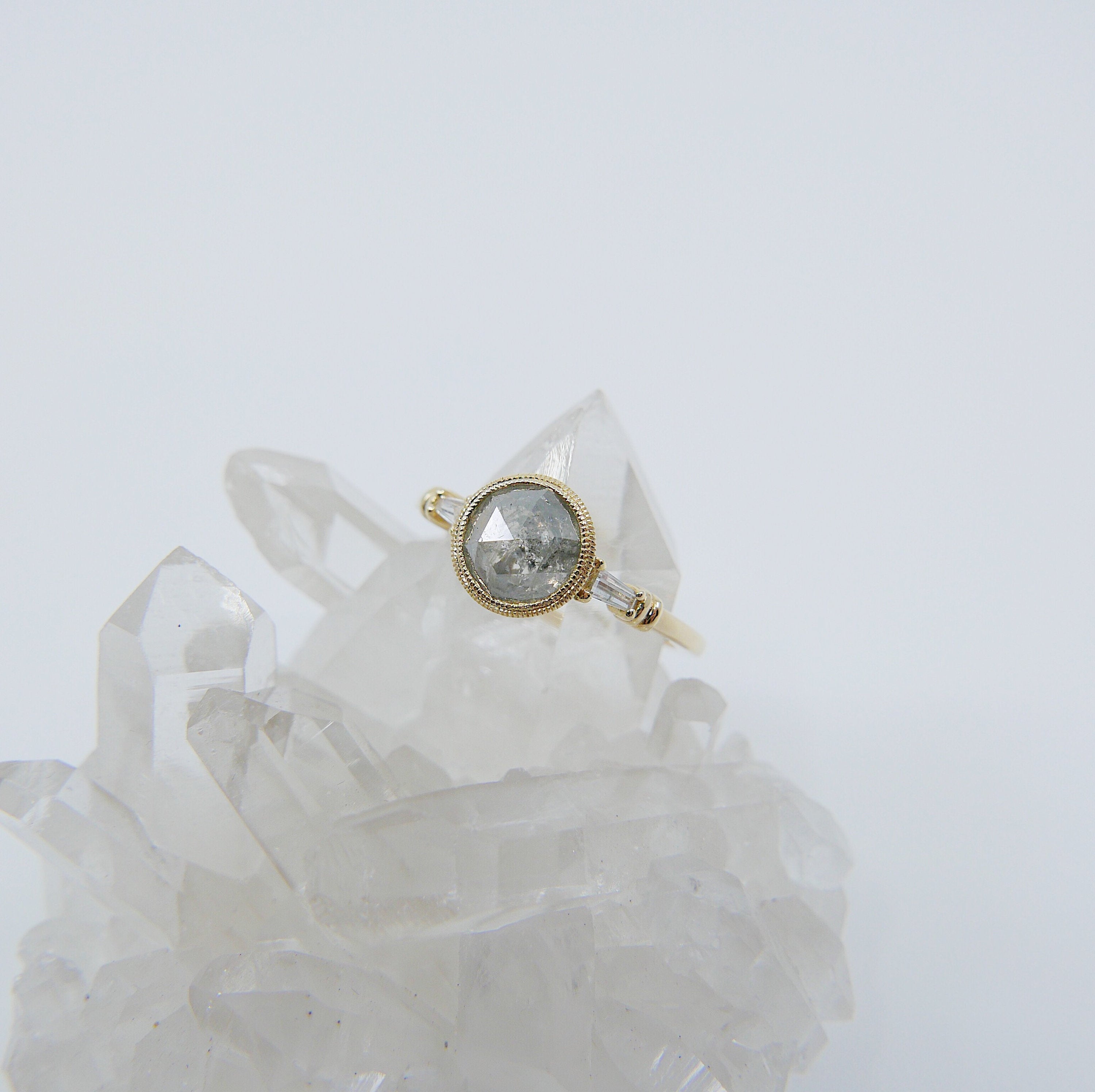 Anya Rose Cut Grey Diamond Ring, one of a kind ring, unique engagement ring, rose cut diamond ring, three stone diamond ring, OOAK ring