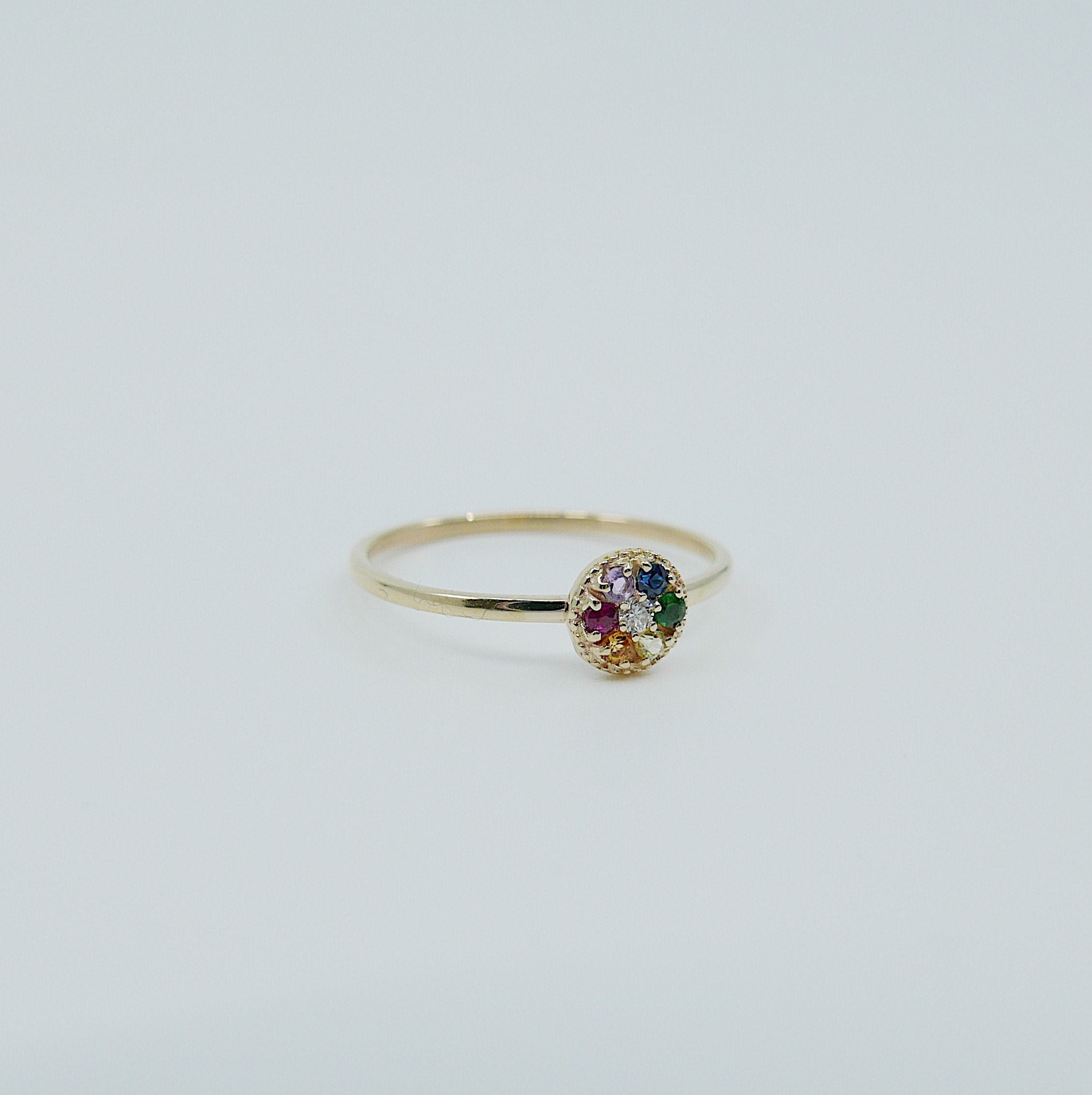 Painter's Palette Ring, 14k multicolor stone circle ring, mini diamond ring, rainbow circle ring