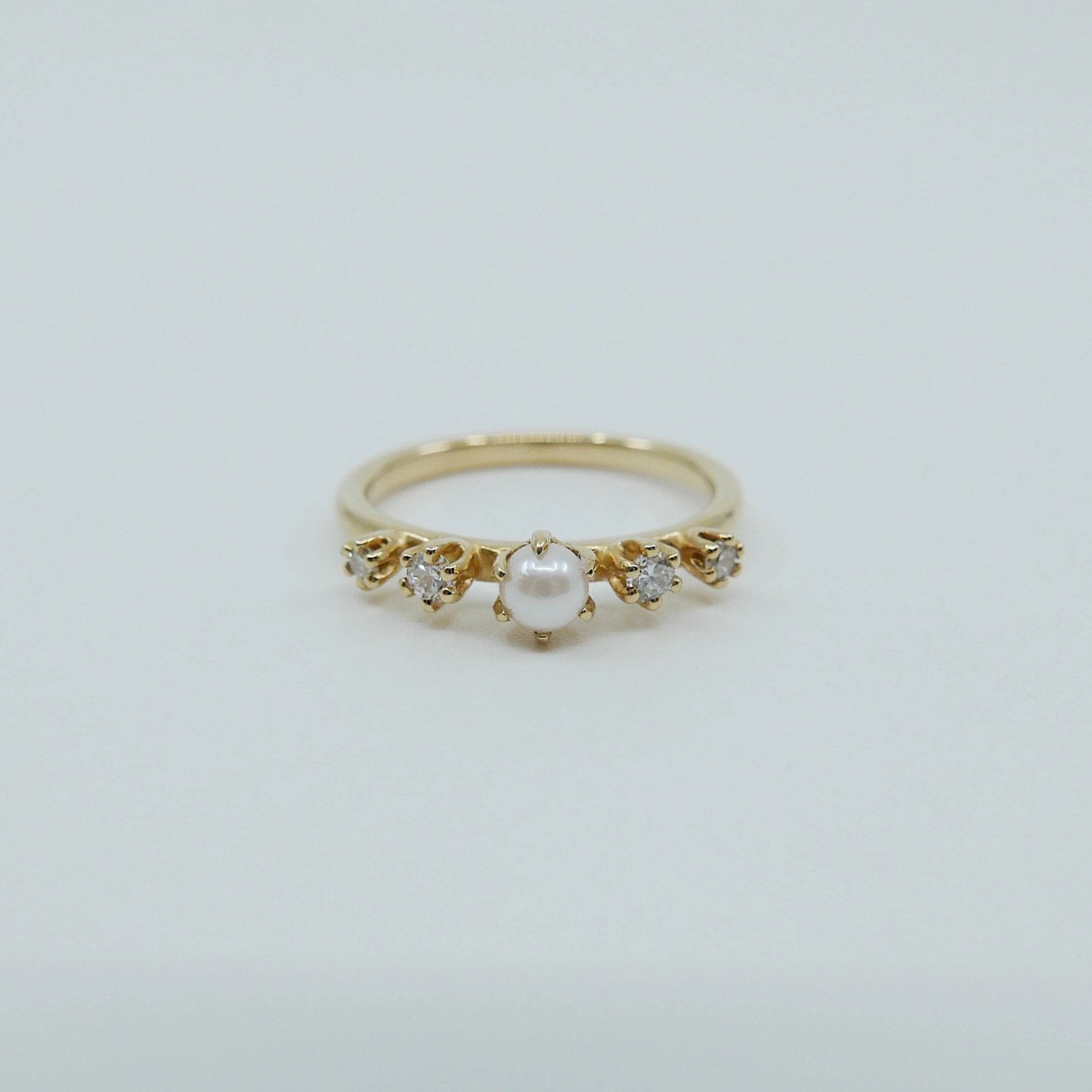 Adeline Pearl with Diamond Ring, 5 stone band, Pearl and Diamond ring, 14k gold stone ring, five stone ring, pearl ring, diamond ring