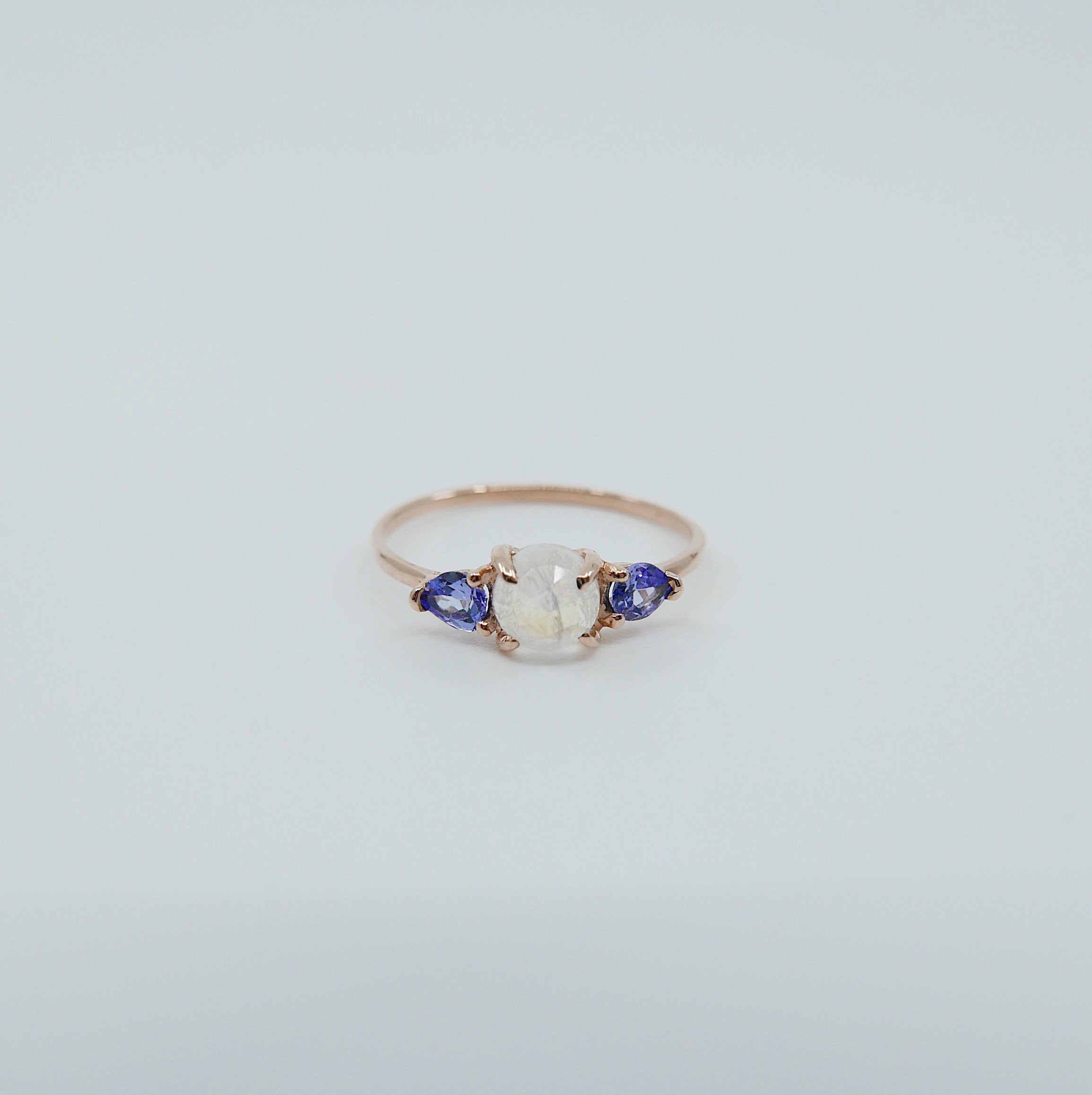 Penelope Rose Cut Moonstone Ring, Moonstone and tanzanite  ring, 3 stone ring, 14k gold moonstone ring