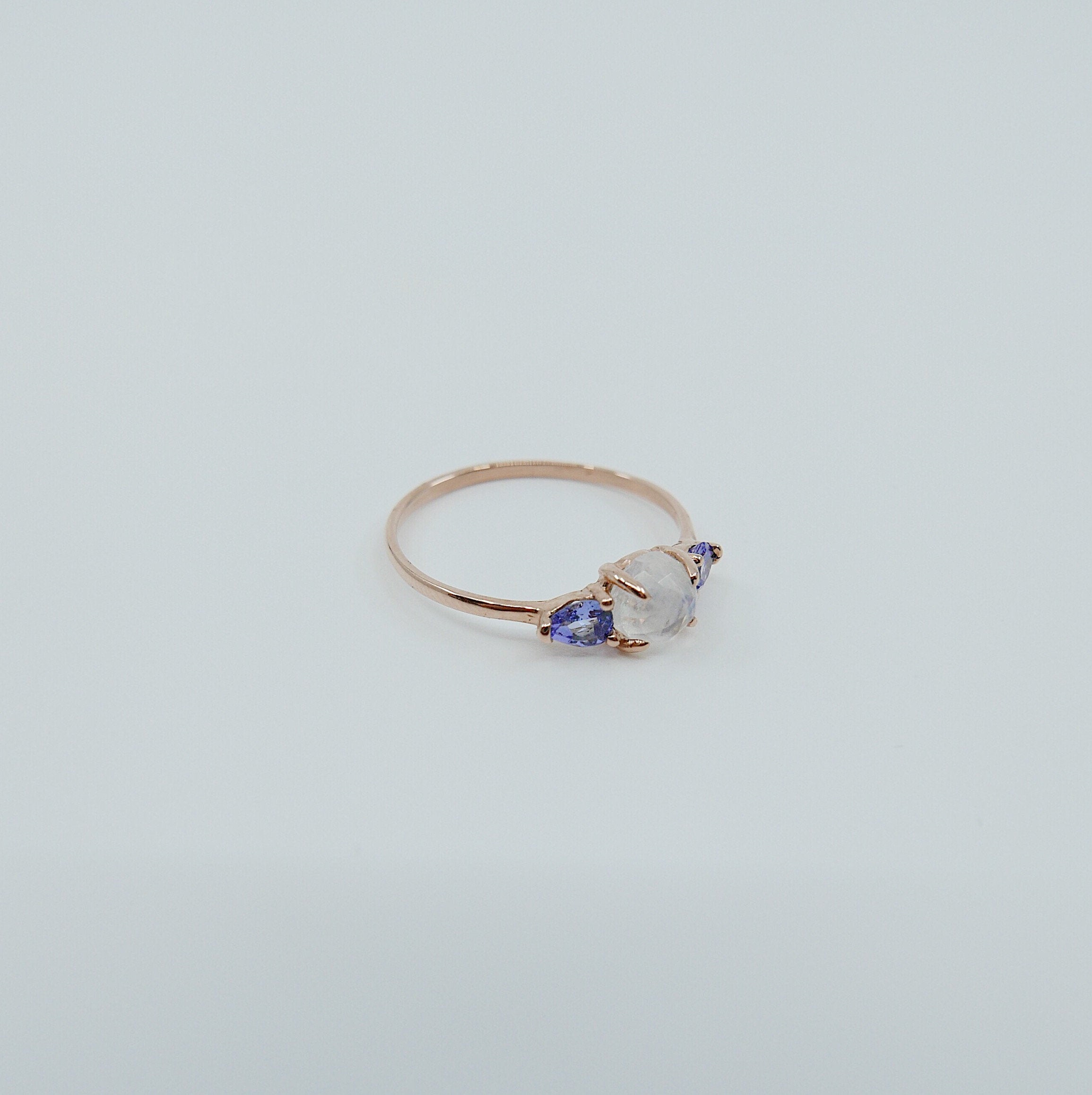 Penelope Rose Cut Moonstone Ring, Moonstone and tanzanite  ring, 3 stone ring, 14k gold moonstone ring