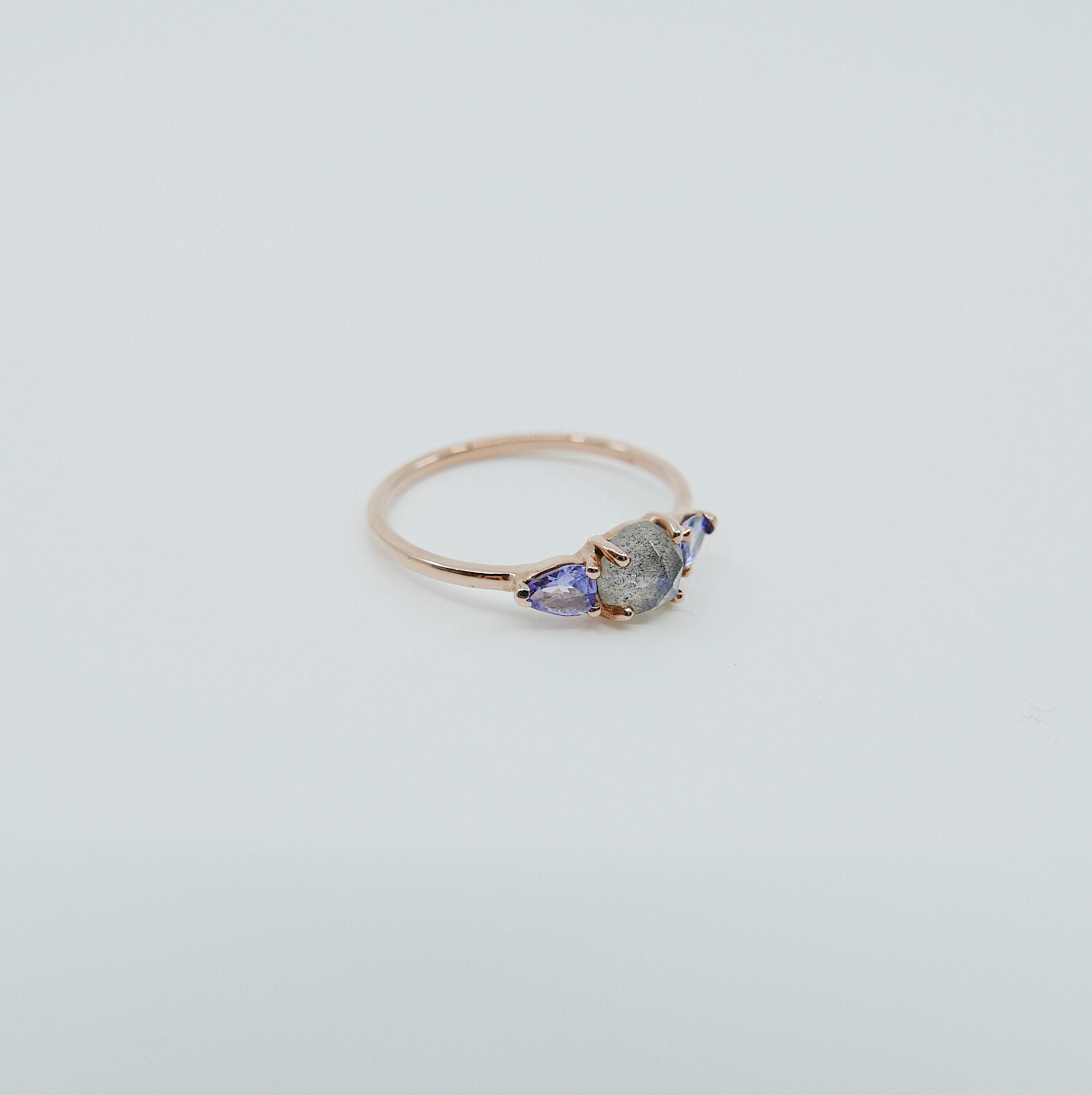 Penelope Rose Cut Labradorite Ring, Labradorite and tanzanite ring, 3 stone ring, 14k gold labradorite ring