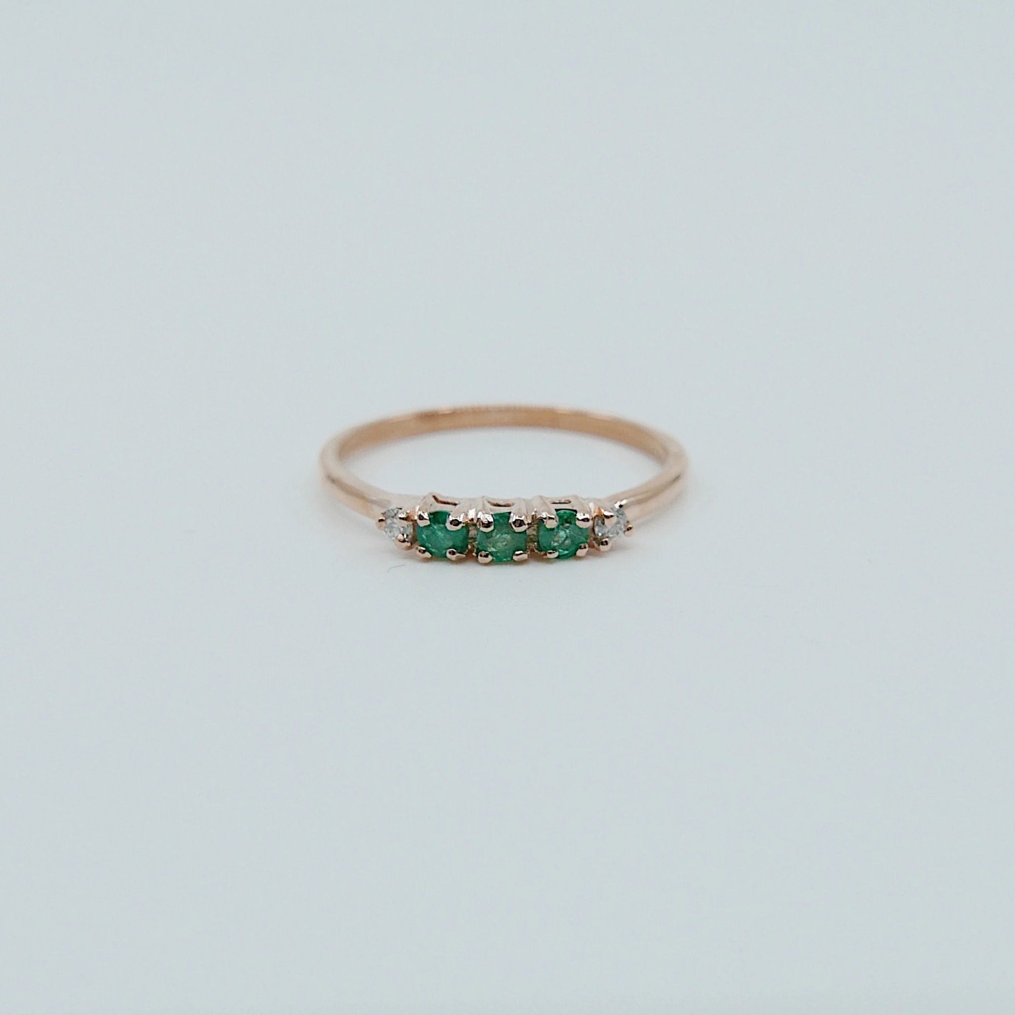 Riley Emerald Ring, 5 stone gold ring, emerald and diamond ring, 14k gold emerald ring, emerald and diamond band