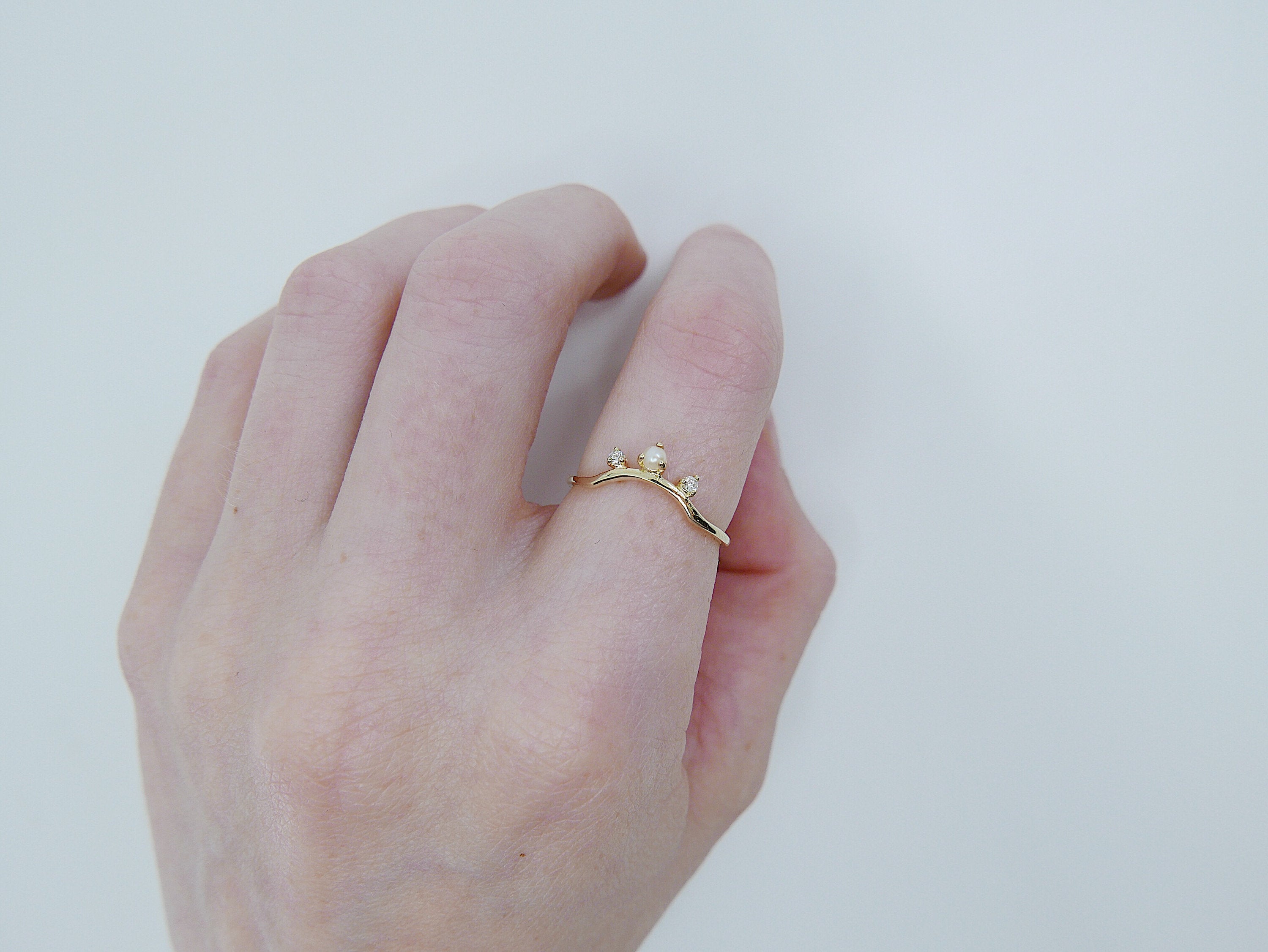 Scattered Nesting Pearl Ring, pearl and diamond ring, 14k gold arc ring, delicate dainty thin ring, thin band, stacking ring, wedding band