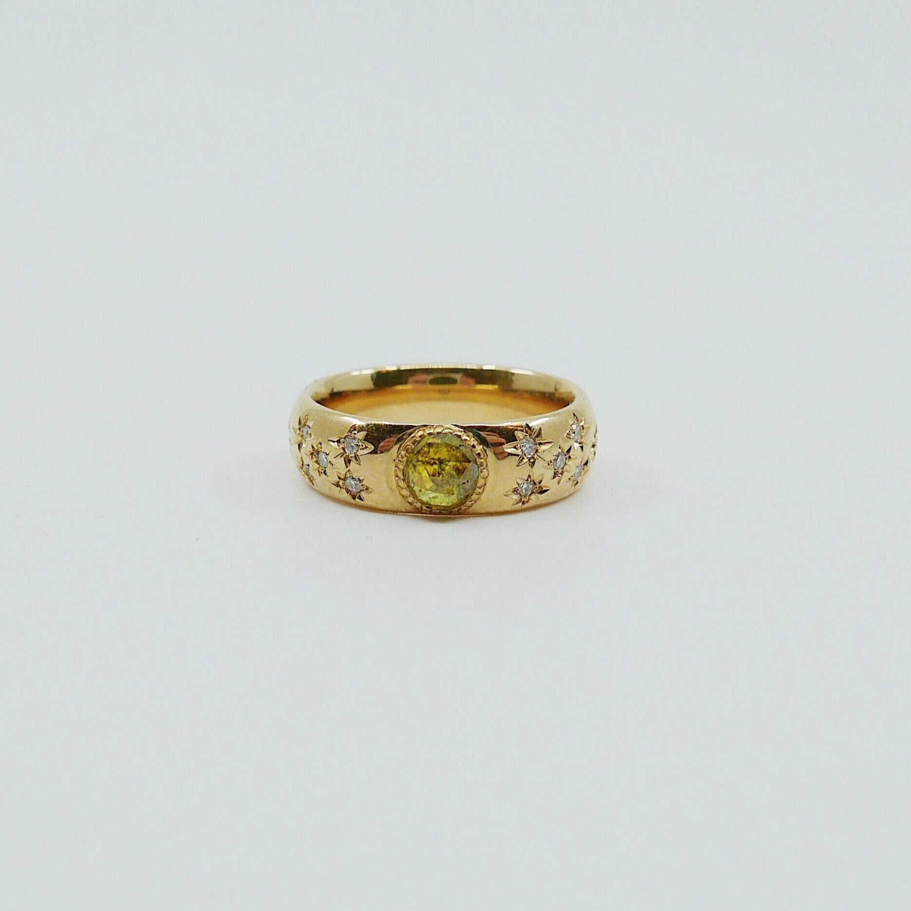 Star Struck Rustic Yellow Diamond Ring, OOAK ring, thick gold band, yellow diamond ring, star ring, diamond thick band ring, rose cut stone