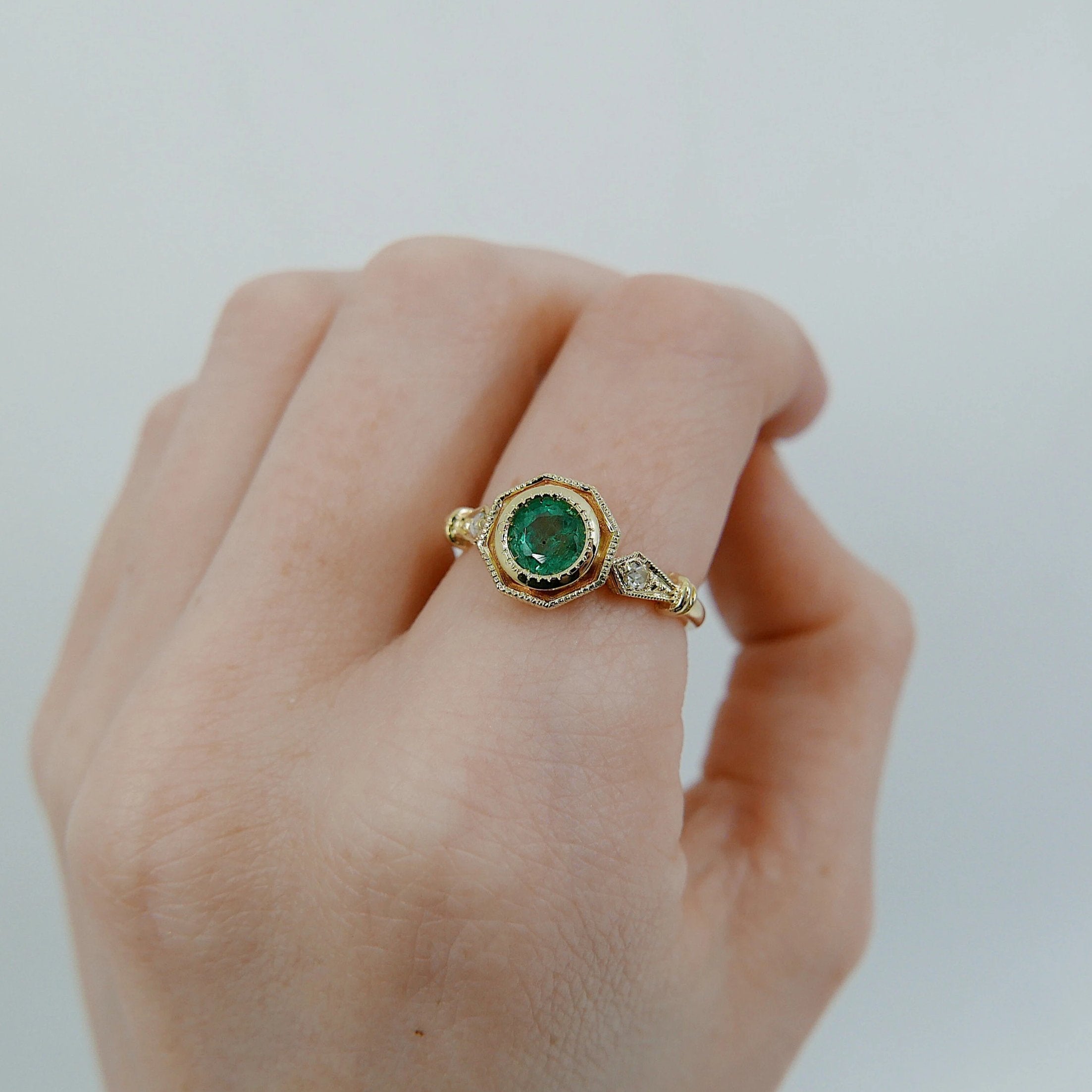 Eloise Bezel Emerald Ring, emerald and diamond ring, 14k gold ring, green stone ring, 14k emerald ring, 14k emerald and diamond ring