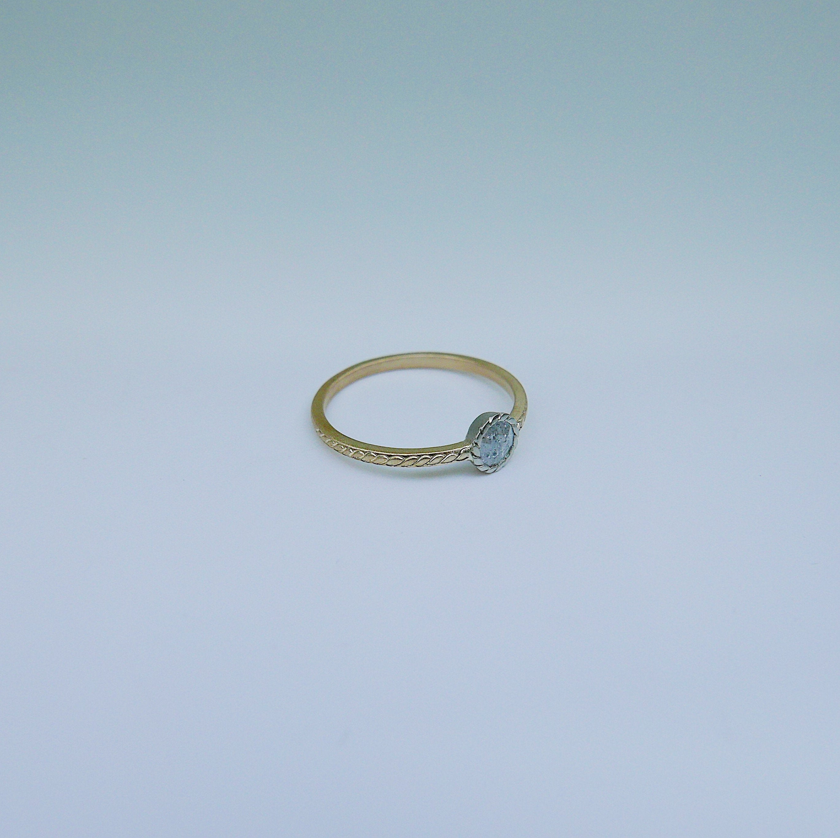 Twist Two Tone Grey Diamond Ring, gold bezel ring, bezel stone ring, 14k gold gray diamond ring, gold twist band, hand engraved