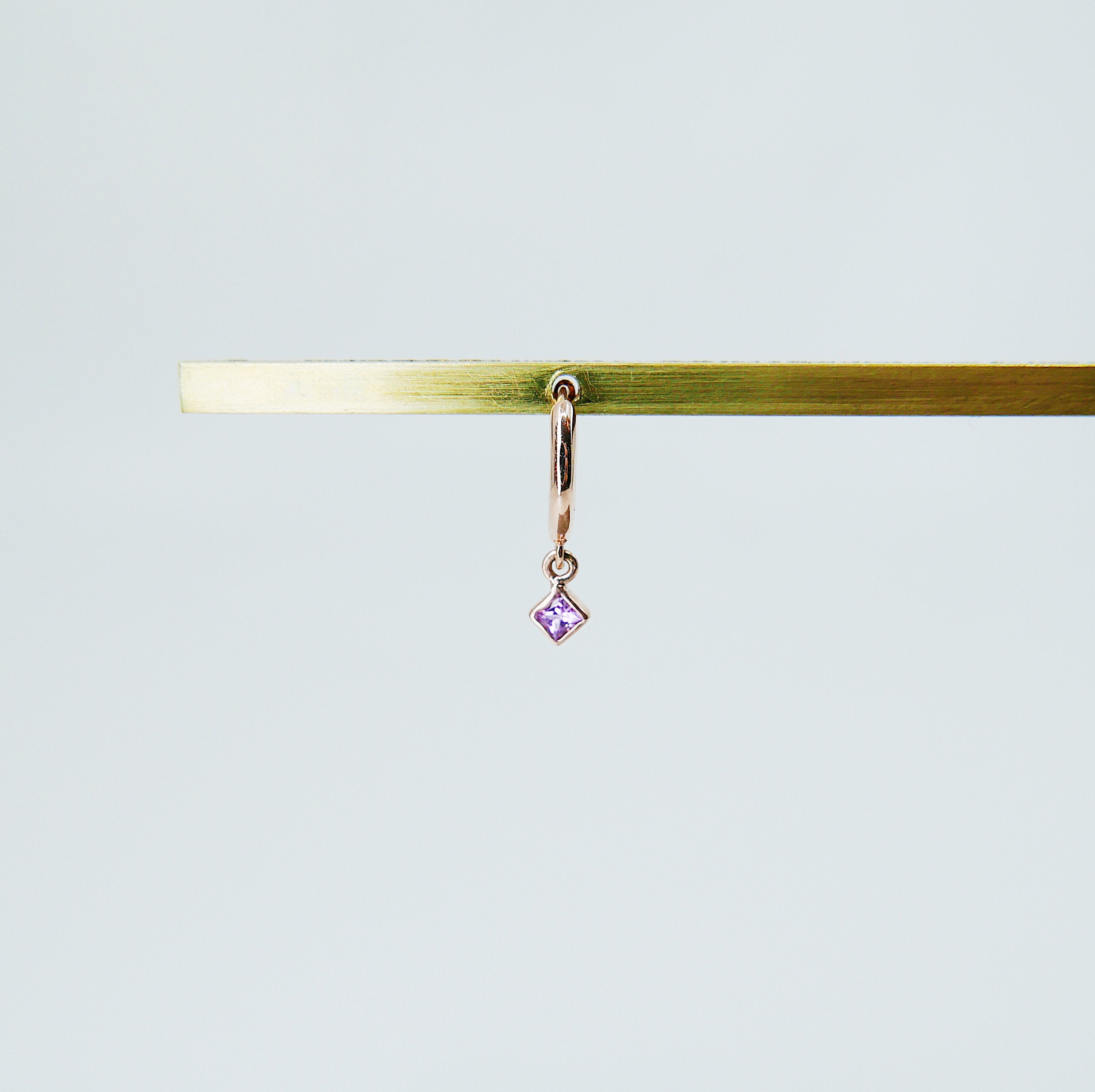 Small Princess cut pink sapphire charm hoop, small 14k gold sapphire hoop, pink sapphire hoop, hoops with bezel charms, square stone hoop