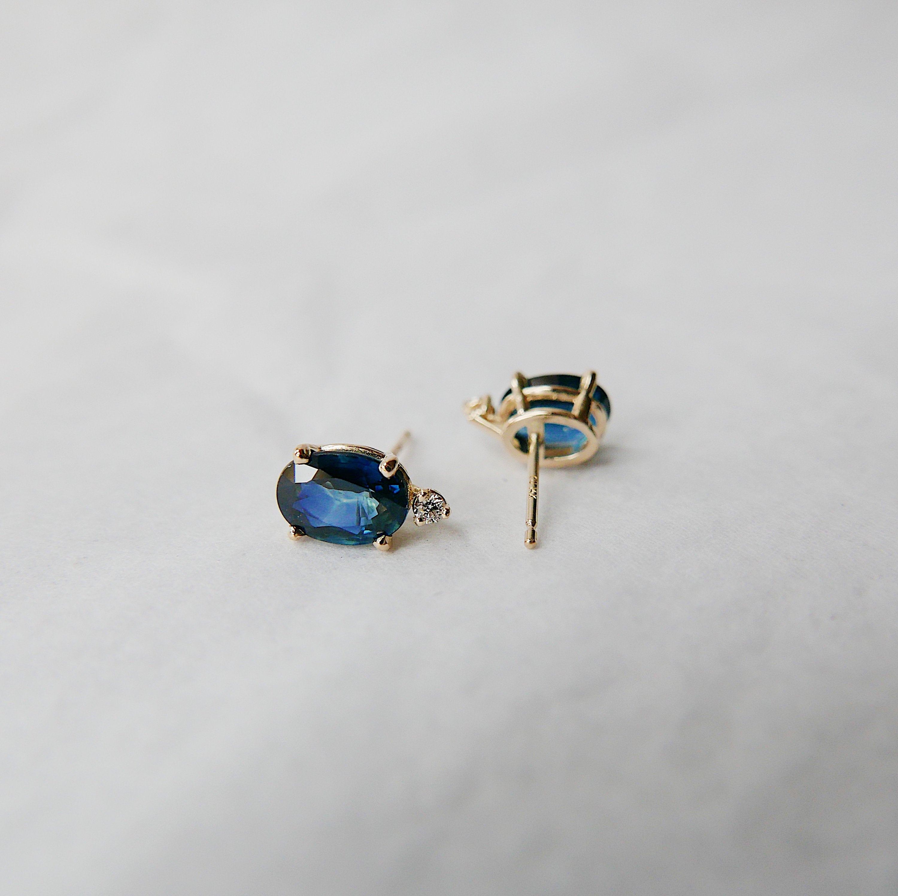 Oval Blue Sapphire & Diamond Earrings, Sapphire Earrings, Diamond Earrings, 14k Gold Stud Earrings, Two Stone Earrings